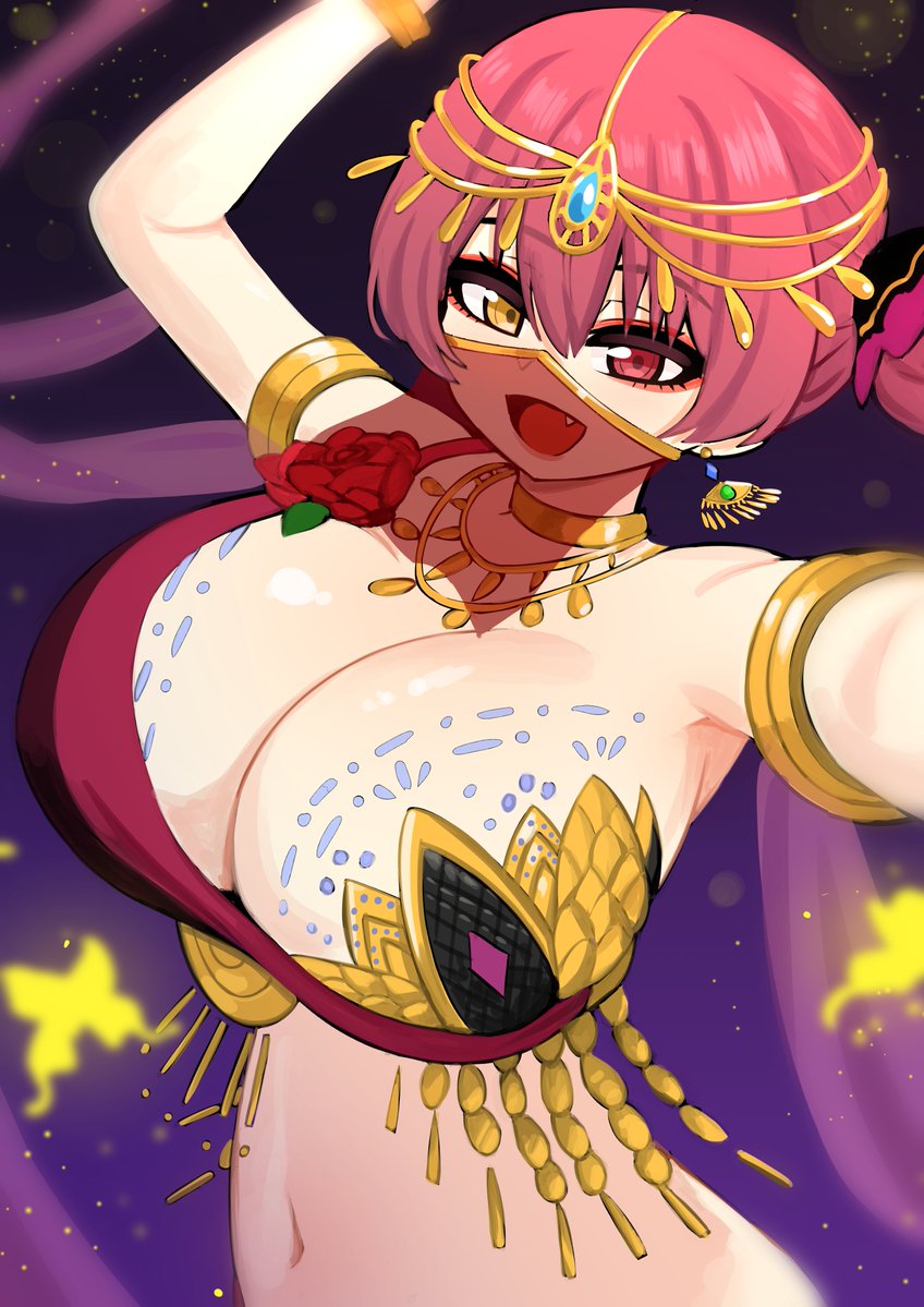 1girls belly_dancer belly_dancer_outfit exotic_dancer hololive hololive_japan houshou_marine huge_breasts light-skinned_female light_skin looking_at_viewer mouth_veil red_hair the_only_shoe virtual_youtuber