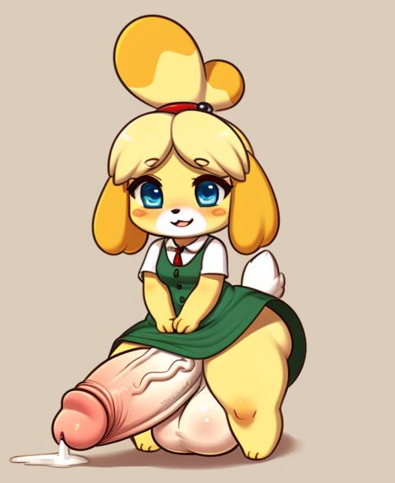 1futa ai_generated animal_crossing big_balls big_penis chibi cumdrip cute cute_face dress fur futanari hyper_balls hyper_penis isabelle_(animal_crossing) nintendo simple_background