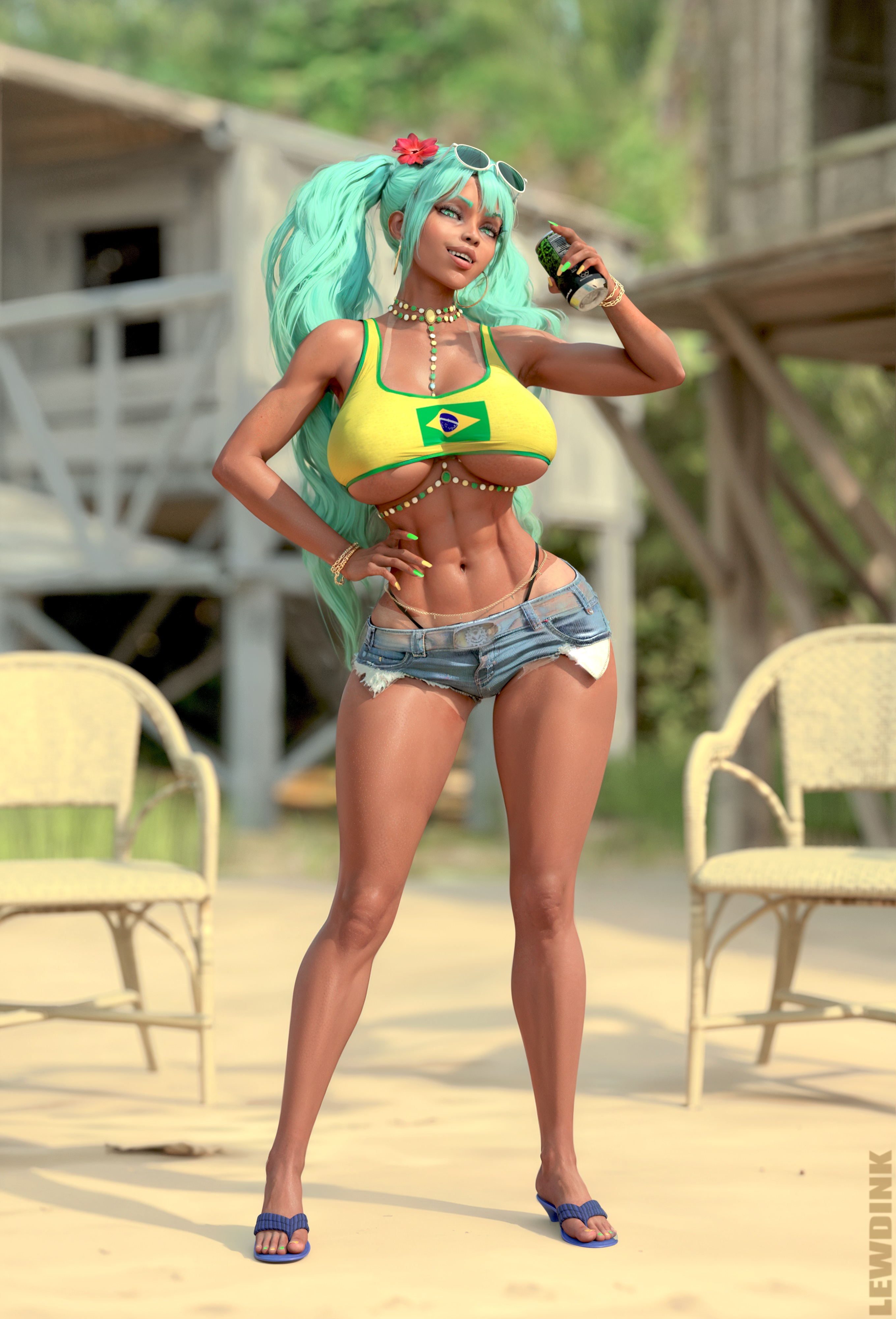 1girl, 3d, abs, aqua eyes, aqua hair, aqua nails, bare midriff, beach, bracelet, brazil, brazilian, brazilian female, brazilian miku, breasts, busty, can, chair, crop top, cutoffs, dark skin, dark-skinned female, denim, denim shorts, eyewear on head, female, female only, flower, full body, hair ornament, hand on hip, hatsune miku, highleg, highleg panties, holding, hourglass figure, jewelry, large breasts, lewdink, long hair, midriff, nail polish, navel, navel piercing, necklace, outdoors, outside, revealing clothes, sandals, short shorts, shorts, solo, standing, sunglasses, tagme, tan, tan body, tan skin, thong, twintails, underboob, underwear, vocaloid, wide hips