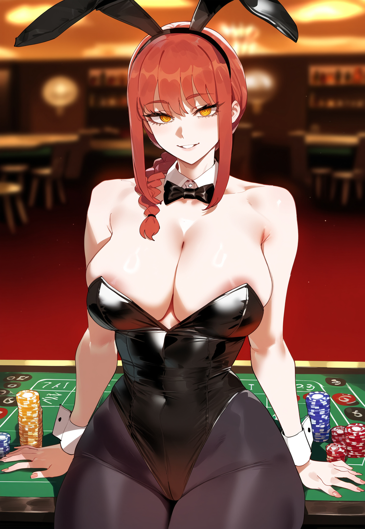 1girls, ai generated, animal ears, braid, breasts, bunny ears, bunny girl, bunnysuit, chainsaw man, cleavage, creamy ai, curvy, fake animal ears, female, highleg leotard, large breasts, long hair, makima (chainsaw man), narrow waist, pantyhose, red hair, solo, thick thighs, wide hips, yellow eyes