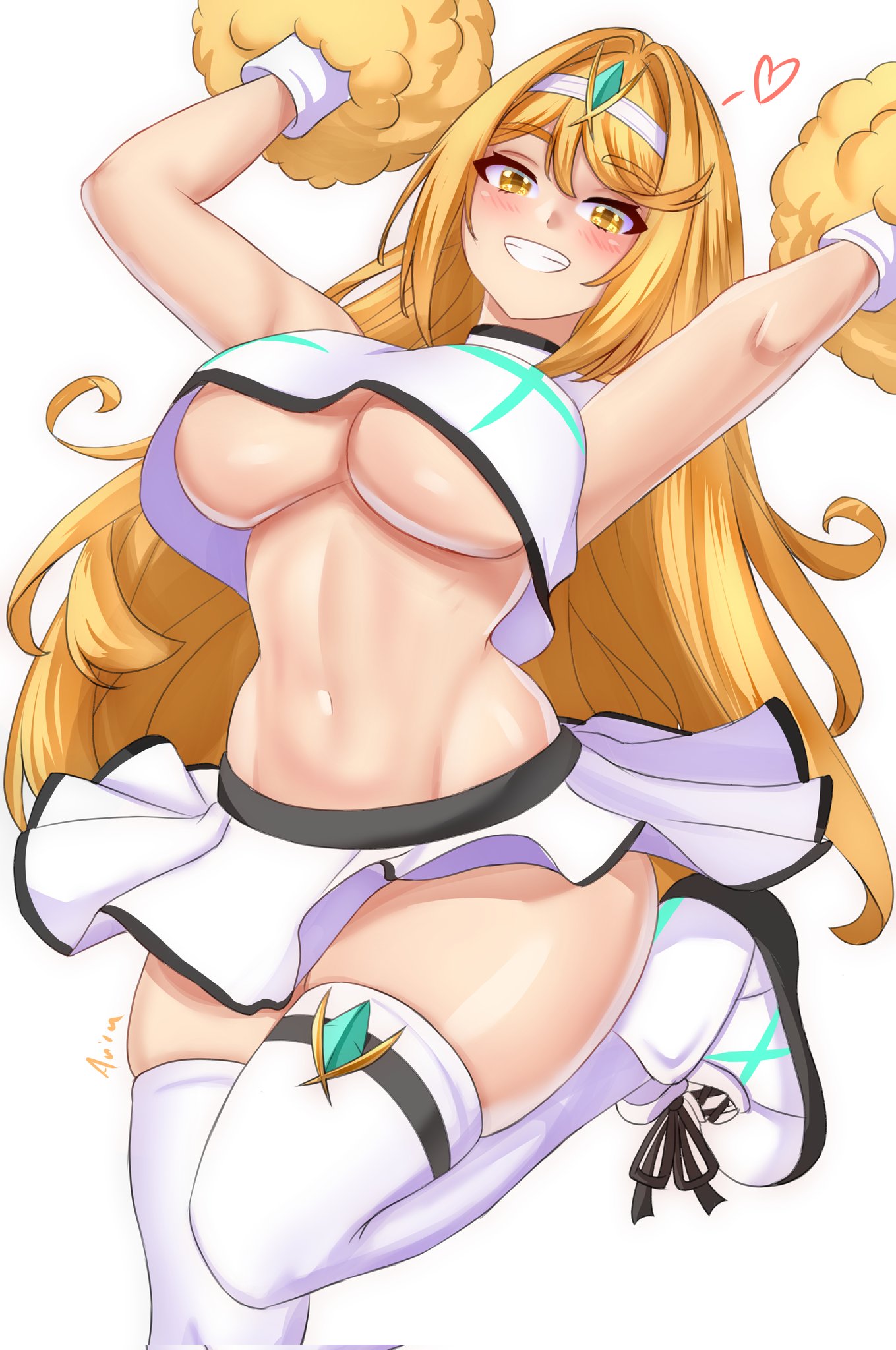 1girls anisdrawn blonde_hair breasts cheerleader cheerleader_outfit cheerleader_uniform female gold_eyes huge_breasts light-skinned_female light_skin long_hair mythra nintendo nipple_slip no_bra thick_thighs underboob xenoblade_(series) xenoblade_chronicles_2