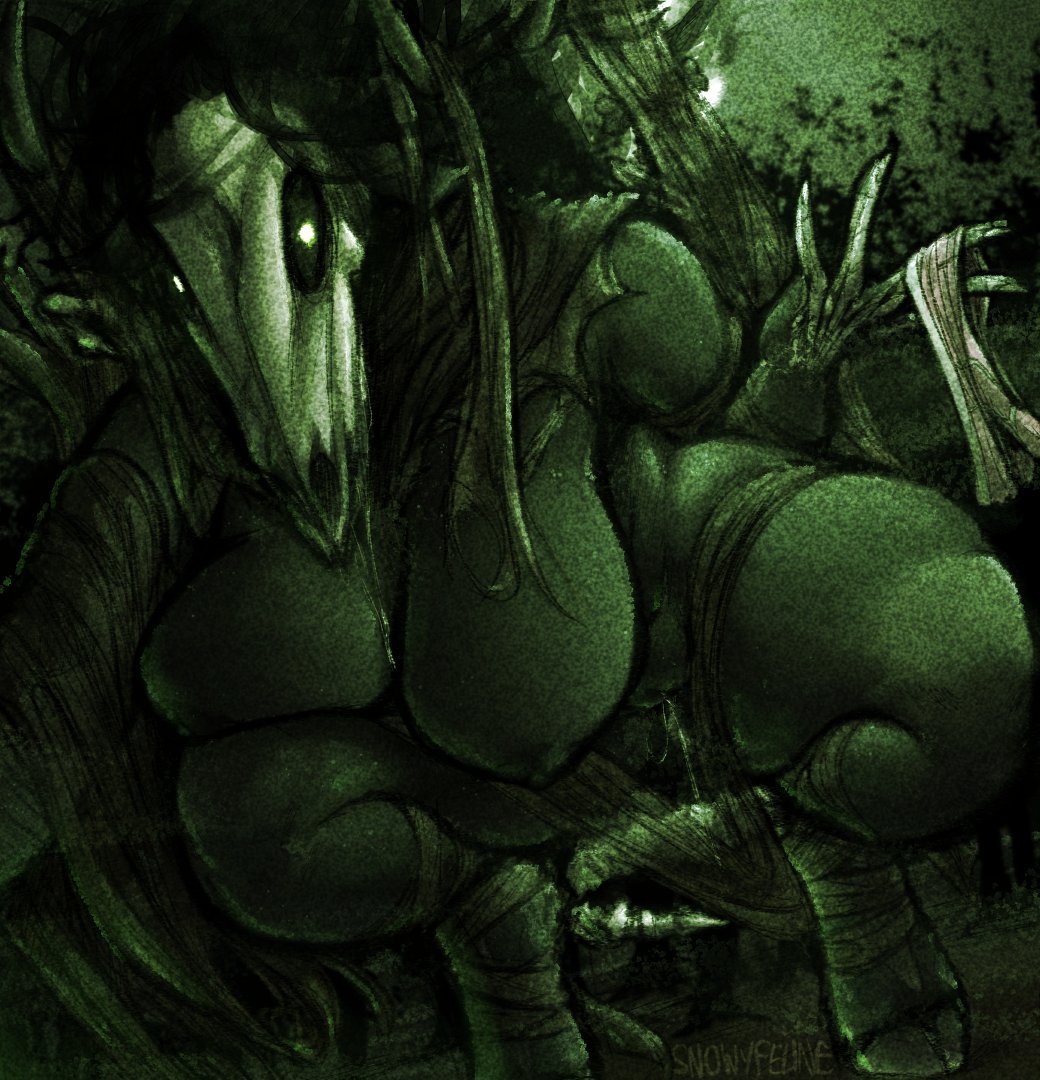 2019 5_fingers american_mythology anthro antlers bandage big_breasts black_body black_skin bodily_fluids bone breasts clothing digital_media_(artwork) dripping female fingers genital_fluids glowing glowing_eyes green_eyes green_tint hooves horn huge_breasts indigenous_north_american_mythology looking_at_viewer mammal monster mythology nipples north_american_mythology nude panties pussy pussy_juice skull snowyfeline solo text thick_thighs undead underwear vaginal_penetration wendigo wide_hips