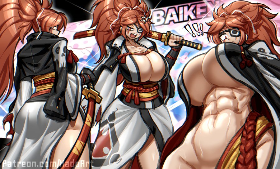 1girls abs almost_naked asian asian_female athletic athletic_female baiken big_breasts breasts clothed clothing english english_text exposed_torso eyepatch female female_abs female_only guilty_gear katana muscular_female ponytail red_hair red_hair_female robe samurai solo sword text zzzhodazzz