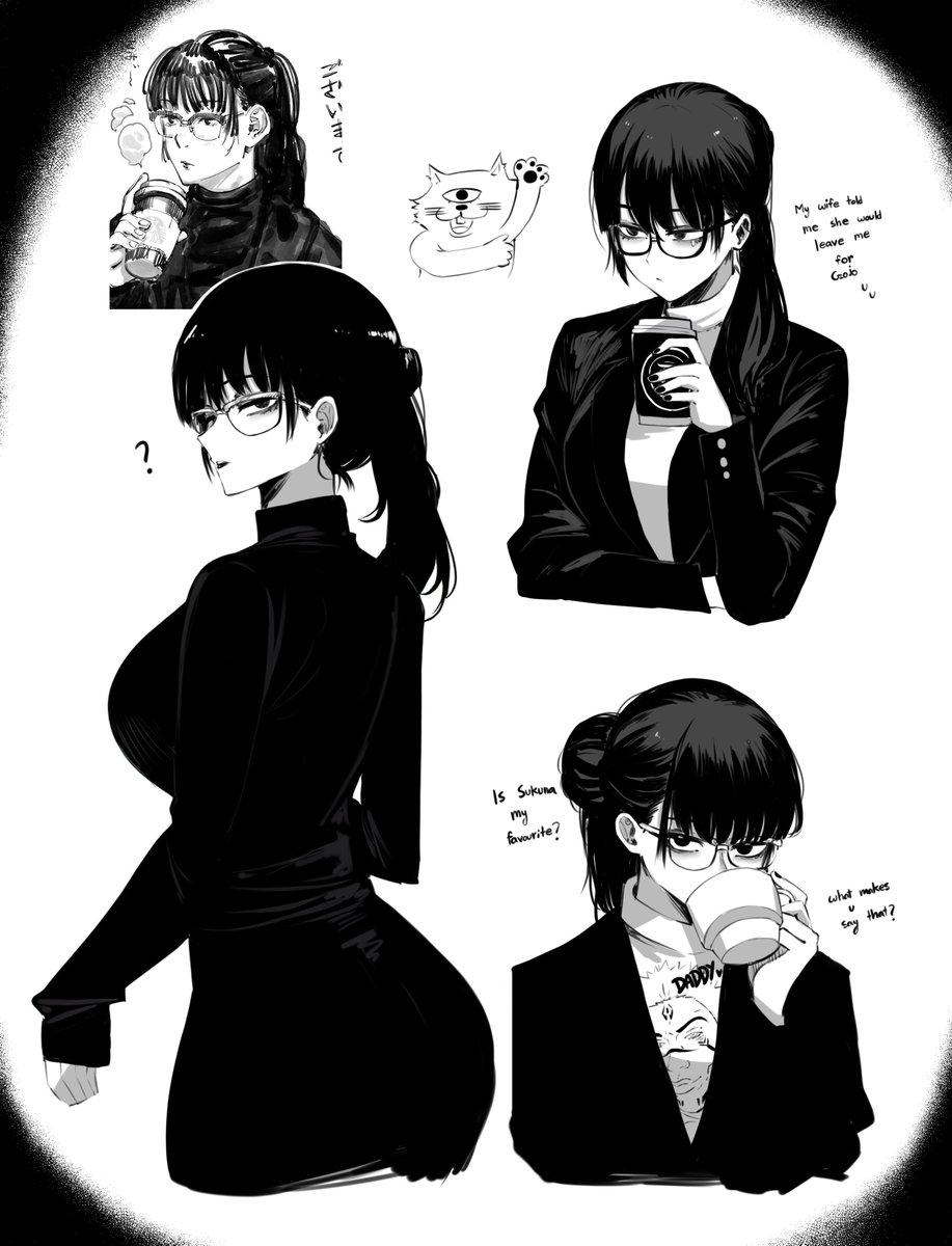 asian_female bags_under_eyes bangs big_breasts black_hair curvy curvy_figure dark_circles dialogue english_text gege_akutami glasses half-closed_eyes huge_breasts jujutsu_kaisen nerd nerdy nerdy_female ryoumen_sukuna_(jujutsu_kaisen) text turtleneck