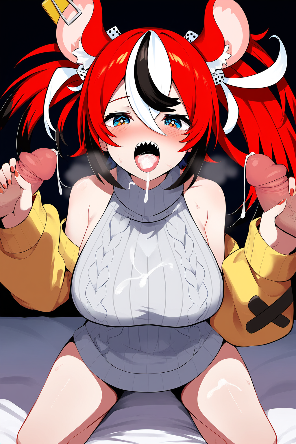 1girls 2boys ai_generated blush blushing cum_in_mouth cum_on_breasts cum_on_tongue female hakos_baelz hololive hololive_english male mouse_ears mouse_girl mouse_trap multicolored_hair penis precum red_hair sharp_teeth virtual_youtuber