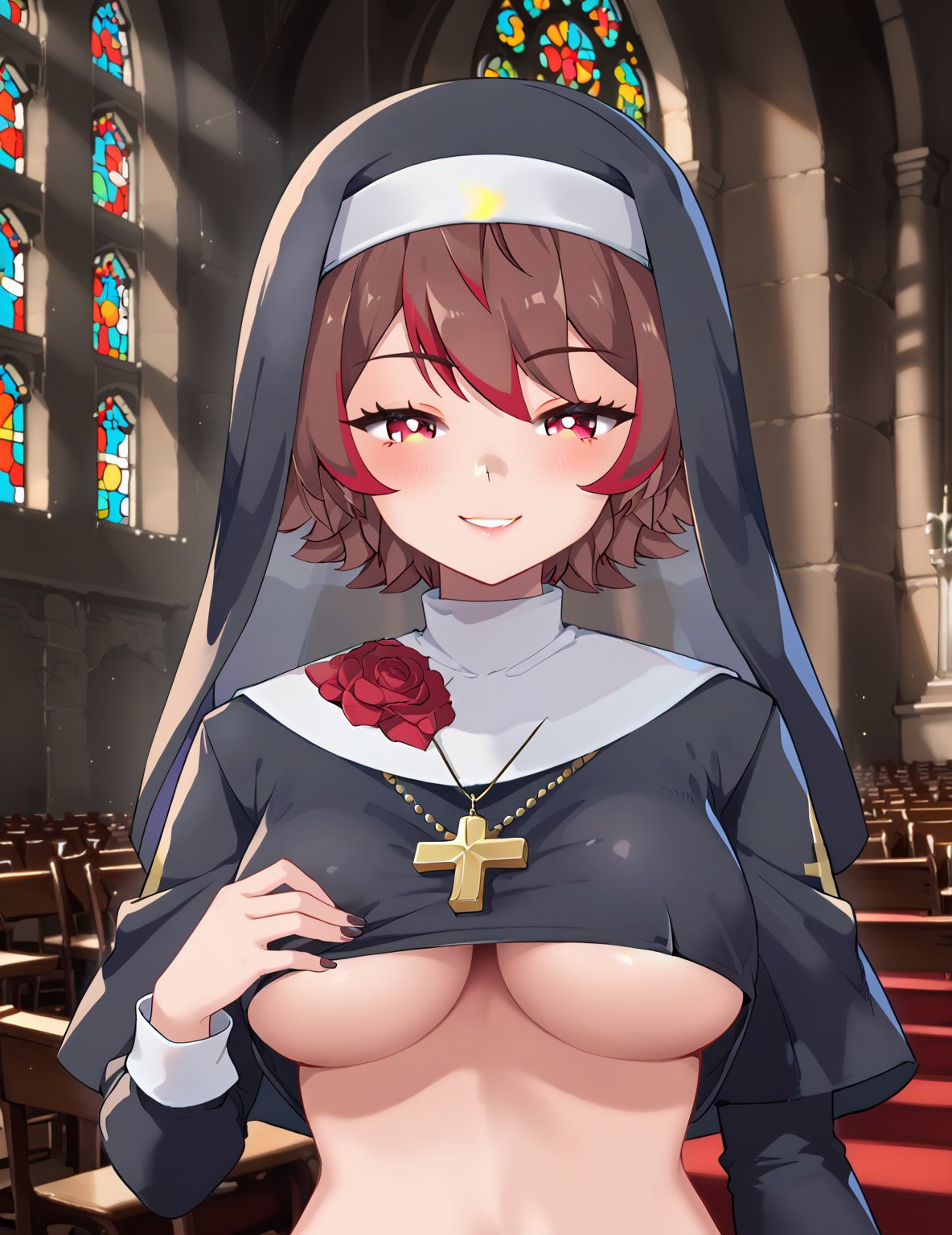 1girls ai_generated big_breasts blush breasts brown_hair day indoors latam_virtual_youtuber looking_at_viewer multicolored_hair nun nun_hat pixel_ai rakkun red_eyes red_hair short_hair smile solo_female tagme virtual_youtuber vtuber