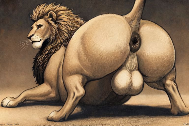 anus, balls big_ass, feral, lion, male, monochrome, raised_tail,