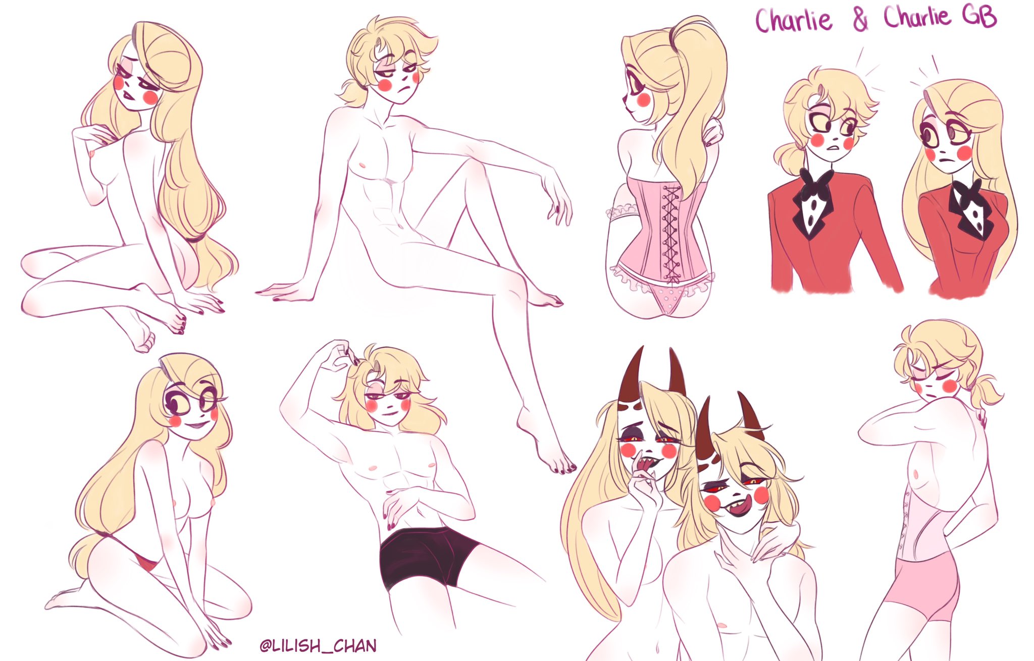 ass, blonde hair, breasts, charlie morningstar (hazbin hotel), corset, demon, duo, fangs, female, genderswap, genderswap (ftm), hair, hazbin hotel, horns, lilish chan, male, nipples, nude, open mouth, open smile, panties, partially clothed, rule 63, smile, teeth, tongue, tongue out