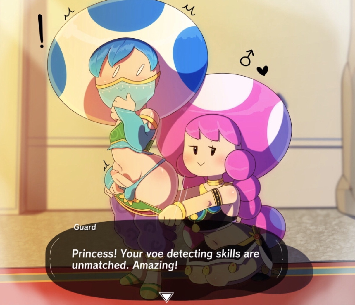 !, 1boy, 1girls, assisted exposure, balls, balls in panties, blue hair, blue panties, breasts, breath of the wild, clothing, crop top, crossdressing, embarrassed, english text, erection, female, femboy, femboy on female, femboysub, femdom, full body, gerudo outfit, humiliation, kneeling, looking at another, male, malesub, mario (series), midriff, panties, pants, pants down, penis, pink hair, sissy, small penis, smile, somescrub, speech bubble, standing, straight, text, the legend of zelda, toad (mario), toadette, trap, underwear
