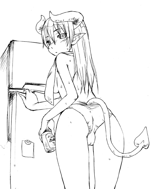 ass astaroth astaroth_(shinrabanshou) back beer black_sclera drawn female_only horns leaning_forward looking_back monochrome panties refrigerator shinrabanshou solo solo_female standing sweat tail towel underwear underwear_only