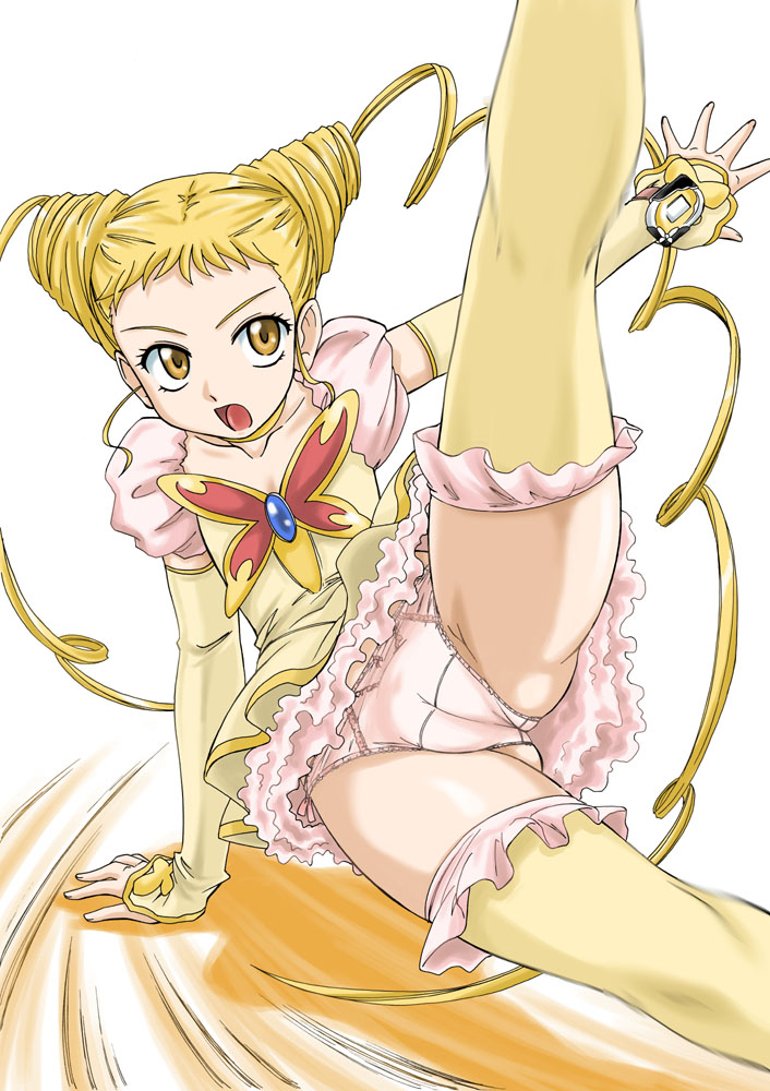 blonde_hair cameltoe clothing cure_lemonade drill_hair fat_mons kasugano_urara kick kicking legwear long_hair love_bulge magical_girl panties precure pretty_cure solo spread_legs stockings thighhighs underwear urara_kasugano wanyan_aguda yellow_eyes yes!_precure_5 yes!_pretty_cure_5