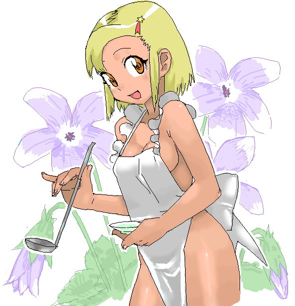 angol_mois apron blonde_hair cooking flower hair_ornament hairclip keroro_gunsou lunch_(artist) moa naked_apron oekaki sake keroro_gunsou solo