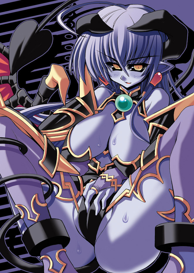 astaroth astaroth_(shinrabanshou) black_sclera blue_skin breasts clothed_masturbation clothing demon_girl demon_horns demon_tail demon_wings earrings female female_masturbation female_only fully_clothed horns huge_breasts jewelry large_breasts masturbation pointy_ears purple_skin shinrabanshou solo solo_female tail thighhighs wings