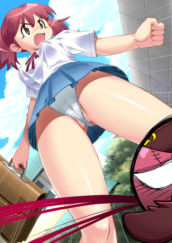 bikini blood brown_eyes from_below giroro keroro_gunsou lace-trimmed_panties lace_panties natsumi_hinata nosebleed panties pantyshot red_hair satchel school_bag school_uniform serafuku skirt swimsuit underwear upskirt white_panties zouzou