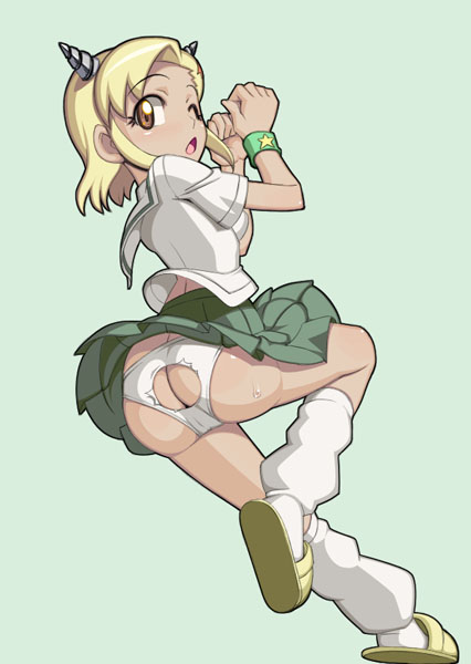 angol_mois ass ass_cleavage blonde_hair brown_eyes butt_crack caryo dark-skinned_female dark_skin gyaru hole_in_pants horns keroro_gunsou kogal loose_socks nanashino panties pleated_skirt ripped_clothing school_uniform serafuku skirt solo torn_panties underwear upskirt white_panties wince