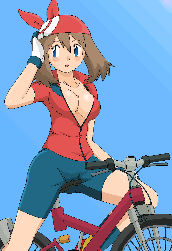 1girls bicycle bike_shorts breasts cameltoe cleavage female hat human human_only kuro_hopper kusakabe330 may_(pokemon) nipple_slip nipples oekaki open_clothes open_shirt pokemon red_bandana shirt solo straight_hair sweat