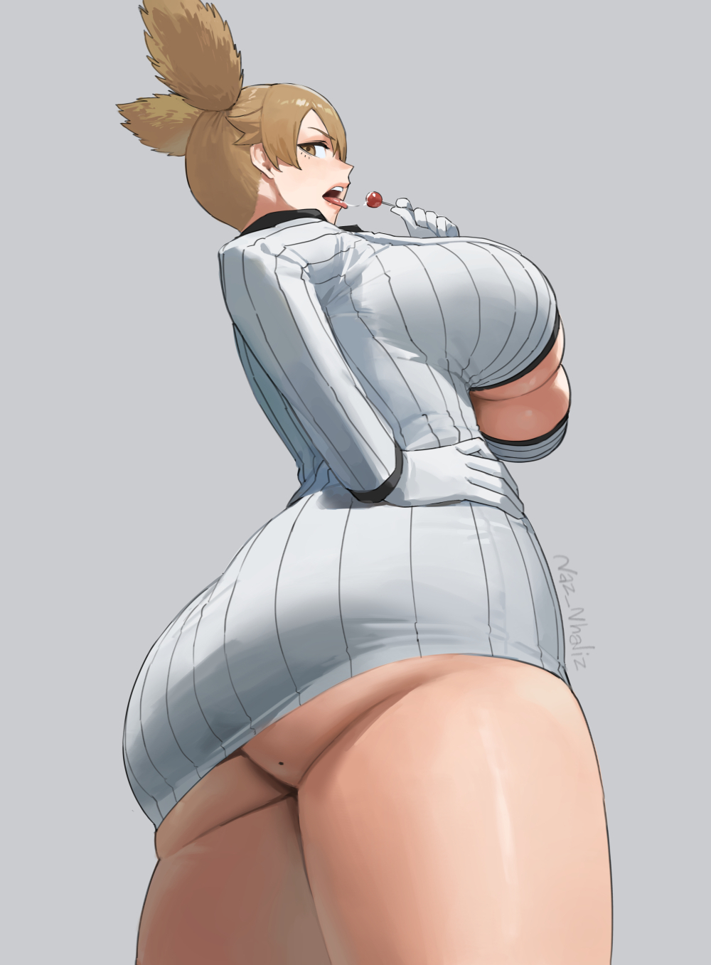 1girls, ass, ass cleavage, big ass, big breasts, blonde hair, breasts, brown eyes, clothing, female, female only, gloves, hair, hand on hip, handwear, holding object, huge ass, huge breasts, lollipop, looking back, mole, mole on ass, momokusa yomogi, nhaliz, pencil skirt, skirt, solo, solo female, tongue, tongue out, tougen anki, twin drills, twintails, underboob, white skirt
