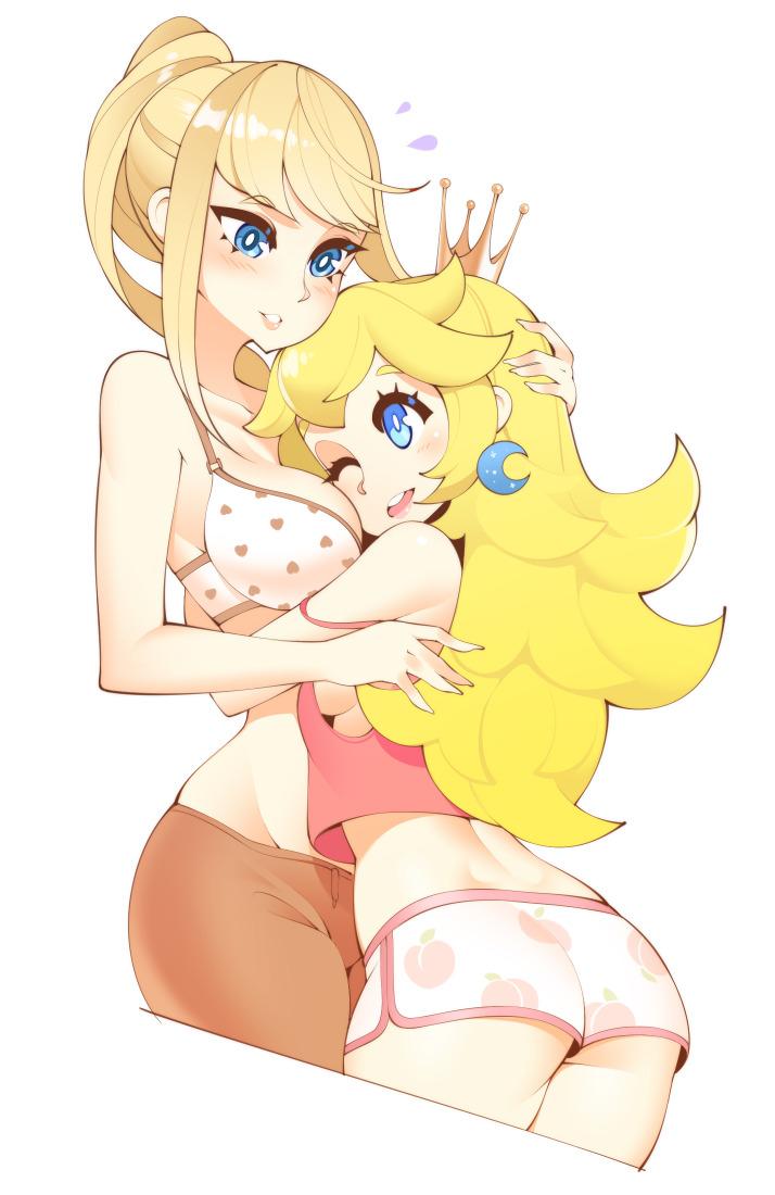 2girls ass blonde_hair blue_eyes bra breasts cleavage clothing company_connection crossover crown cute duo earrings female female_only halphelt human long_hair long_ponytail looking_at_another mario_(series) metroid multiple_girls nintendo one_eye_closed ponytail princess_peach samus_aran simple_background standing tied_hair white_background wholesome yuri