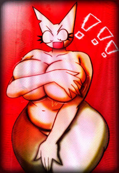 1girls, angry, angry expression, angry face, breasts, breasts bigger than head, cat ears, cat girl, catgirl, covering breasts, covering pussy, exclamation mark, exclamation point, eyelashes, feline, female, female focus, female only, femtanyl, furry, furry female, furry only, naked, naked female, napstasoul, pussy, red background, thick thighs, token (femtanyl), white body