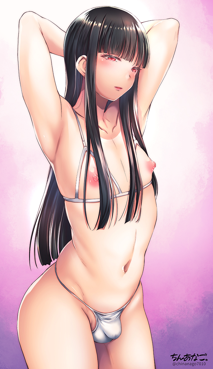 1boy, armpits, arms behind head, artist name, bare shoulders, bikini, black hair, bulge, chinanago7010, commentary request, cowboy shot, fundoshi, gradient background, highres, hime cut, japanese clothes, long bangs, long hair, long-haired male, male, male focus, micro bikini, navel, nippleless clothes, nipples, original, red hair, signature, solo, standing, swimsuit, trap