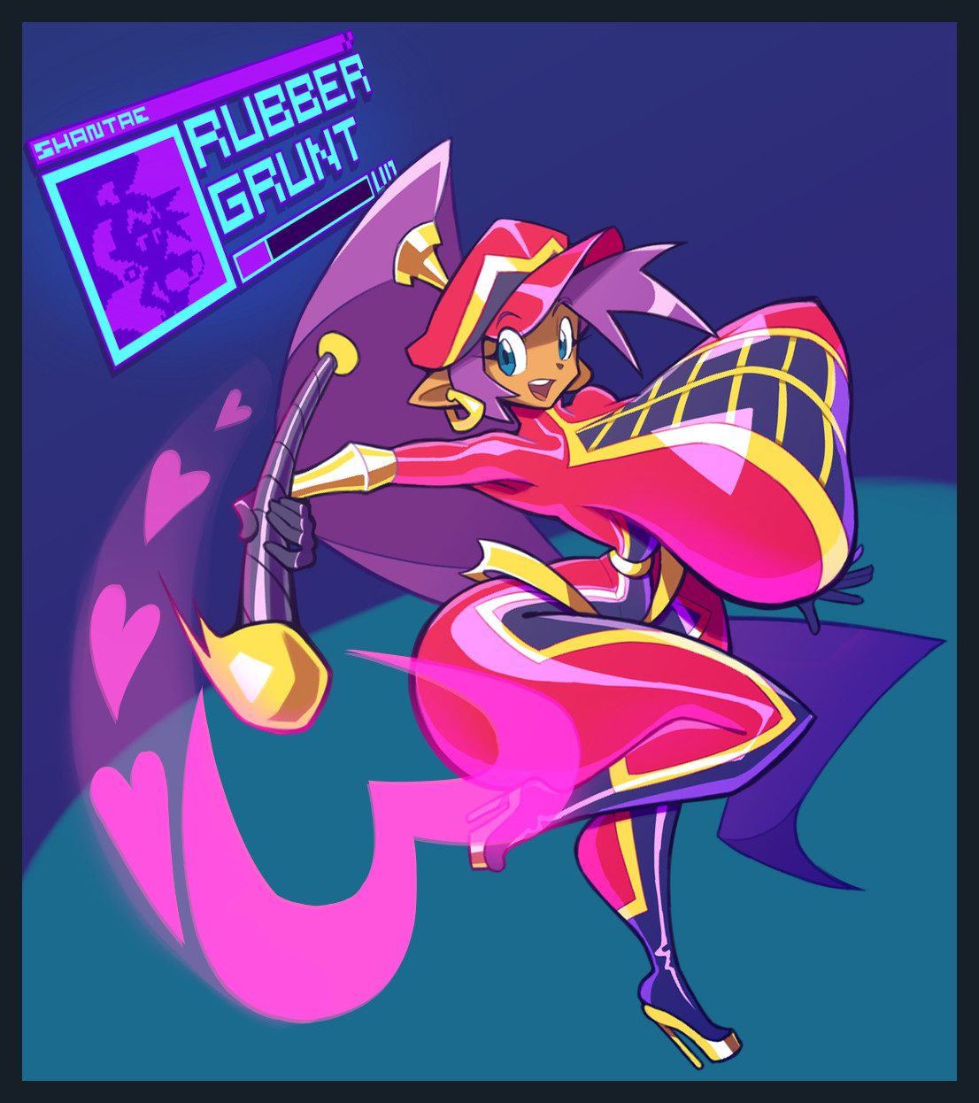 1girls, alternate breast size, anonsprite, blue eyes, breasts, female, female only, full body, genie, genie girl, huge ass, huge breasts, hyper breasts, latex, marching band baton, marching band uniform, meat corps, narrow waist, pointy ears, ponytail, purple hair, rubber suit, shantae, shantae (character), solo, tan skin