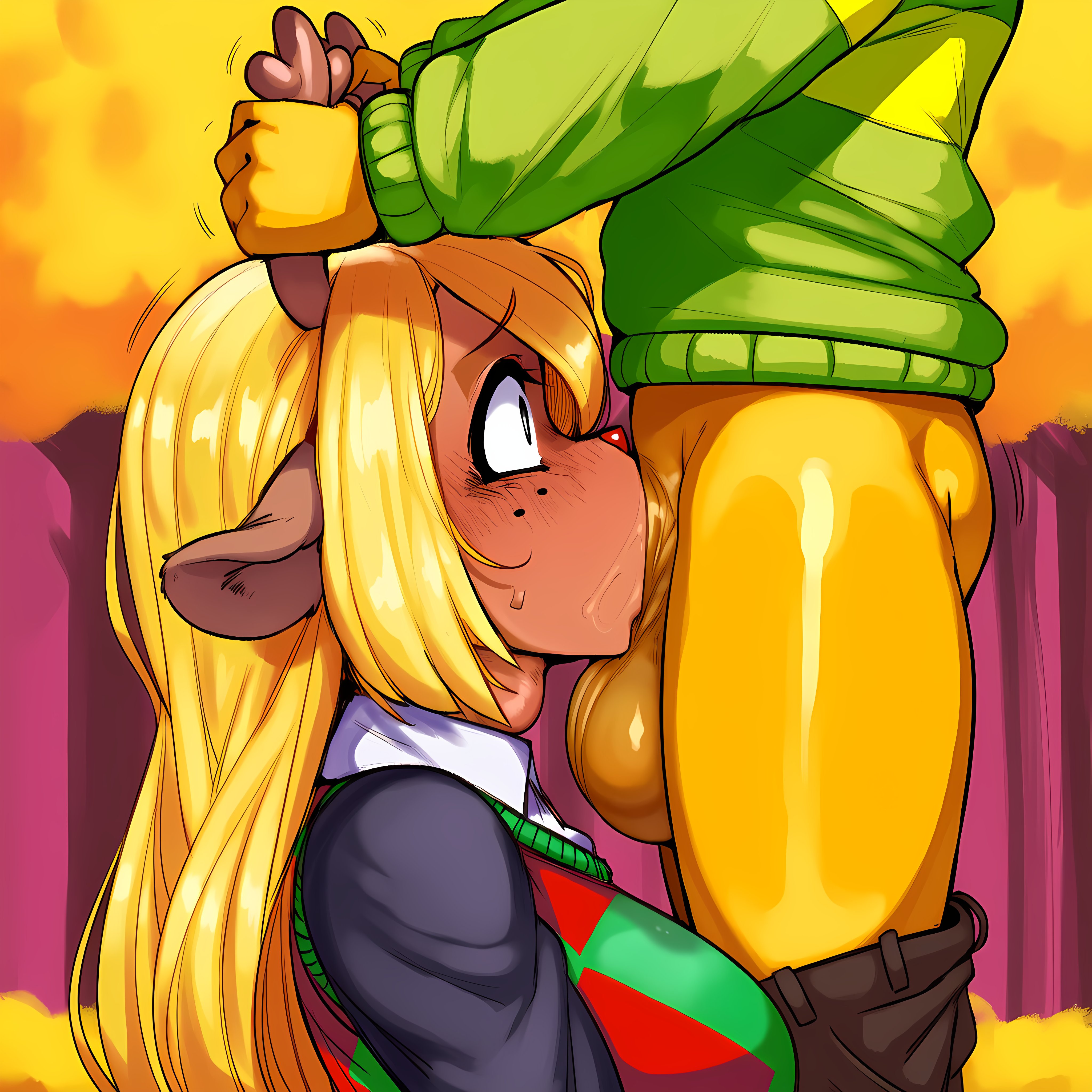 ai generated, deepthroat, deltarune, donbeboys, hand on antlers, huge cock, kris (deltarune), noelle holiday, oral, suprised, throat bulge