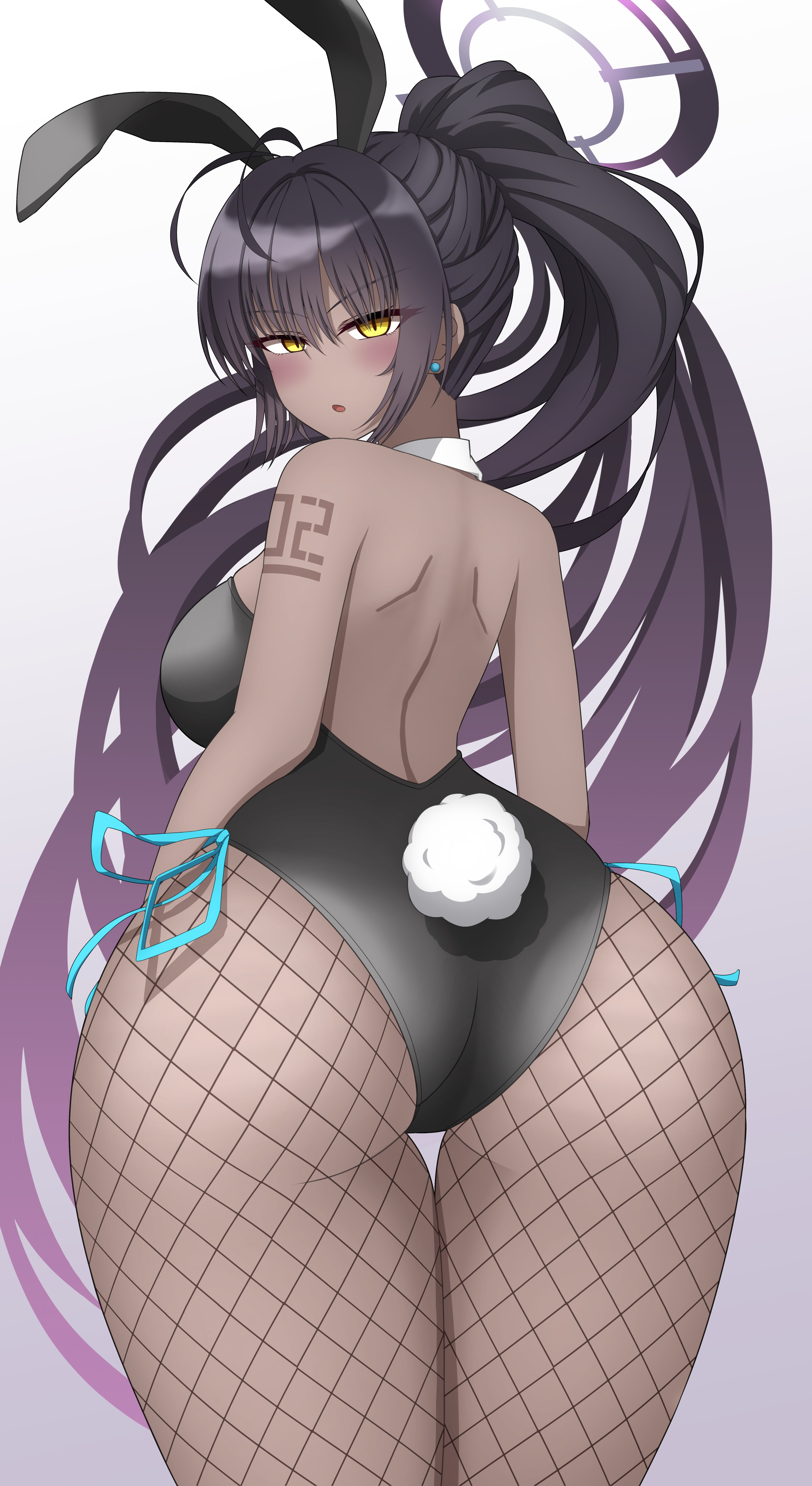 1girls, ass, bare back, big ass, black body, black hair, blue archive, bunny ears, bunny tail, bunnysuit, fake animal ears, female, female only, fishnets, hi res, huge ass, karin (blue archive), karin (bunny) (blue archive), looking at viewer, looking back, number, number tattoo, open mouth, ryuseiart, simple background, solo, tattoo, tattoo on arm, thick ass, thick thighs, thighs, white background, wide hips, yellow eyes