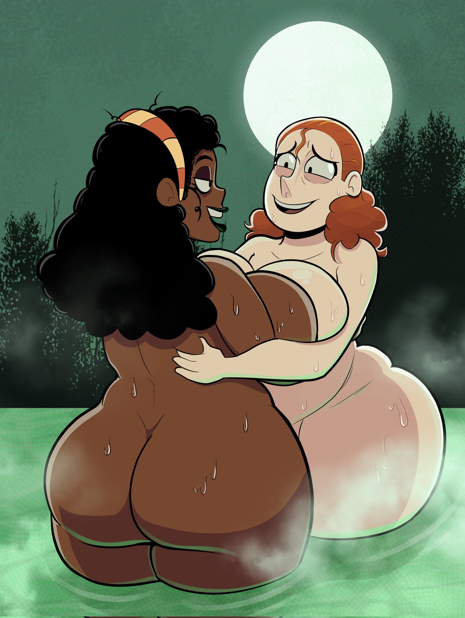 2girls, ass, auburn hair, bathing, big ass, big breasts, black hair, breast press, breast to breast, breasts, chocolate and vanilla, creature from the lake, dark skin, dark-skinned female, female, female only, full moon, hairband, hairband only, huge ass, huge breasts, interracial, light skin, light-skinned female, moon, moonlight, naked, naked female, night, nude, nude female, orange hair, outdoor nudity, outdoors, outside, pale skin, pale-skinned female, race swap, redhead, shelby (creature from the lake), smile, smiling, standing, standing in water, steam, thick thighs, thighs, vaz0v, water, wet body, wet skin, yuri