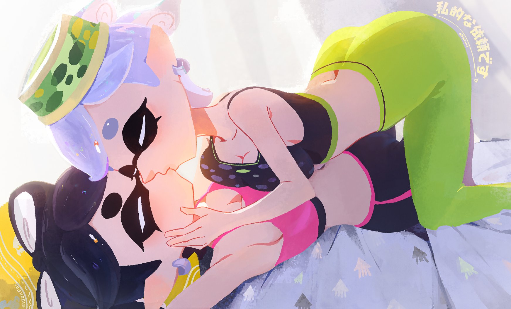 armpit, ass, ass crack, belly, belly button, black hair, breasts, breasts pressed against partner, breasts squeezed together, callie (splatoon), cleavage, cleavage focus, closed eyes, cousins, curvy, female, female/female, gentle, hand on cheek, hand on face, hat, incest, kissing, marie (splatoon), splatoon, splatoon (series), sports bra, sportswear, squid sisters, tight clothing, tight pants, white hair, yoga pants, yuri, zhang tian57284