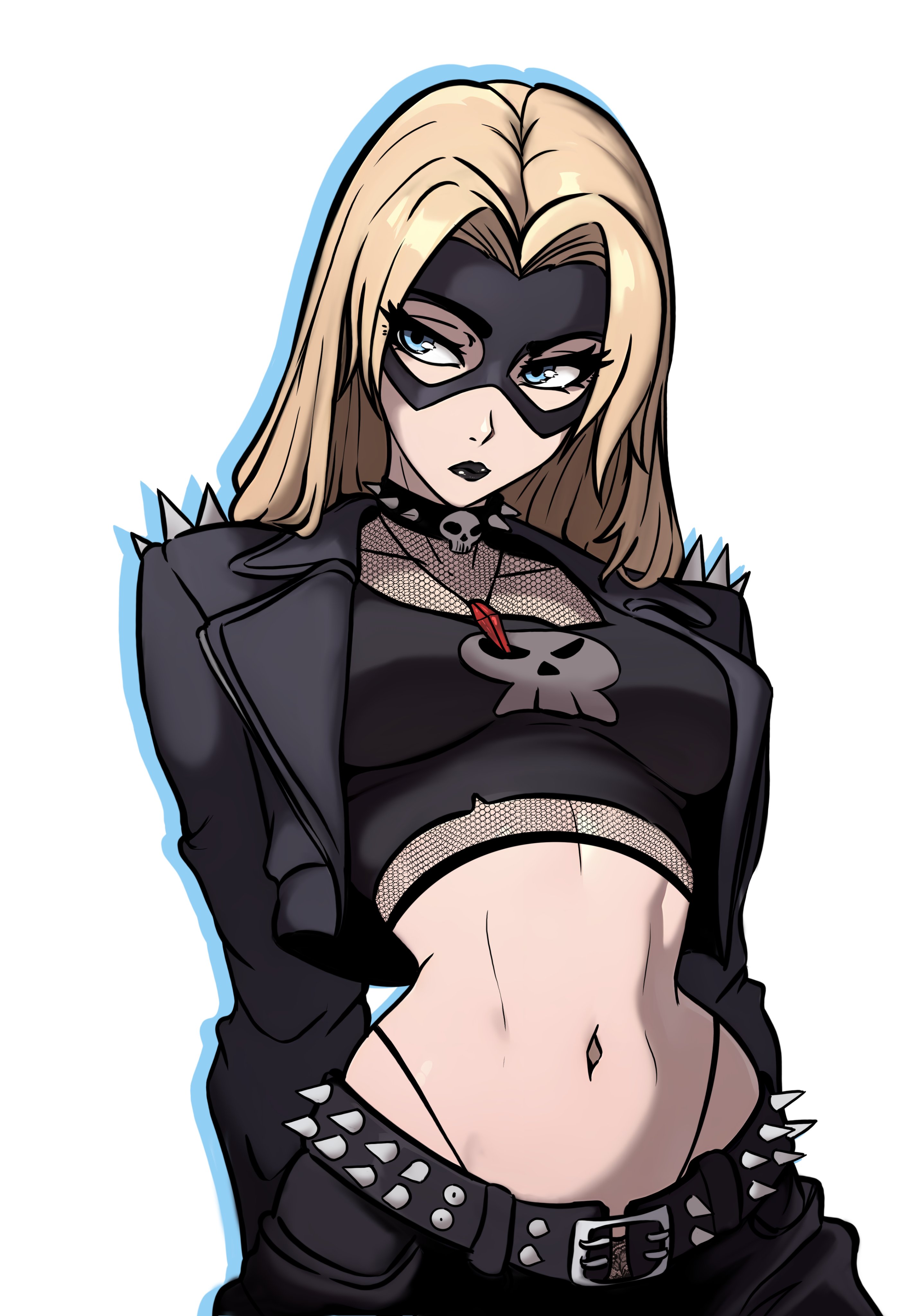 1girls, blonde, blonde blazer, blonde female, blonde hair, blonde hair female, blue eyes, breasts, curvaceous, curvaceous body, curves, curvy, curvy body, curvy female, curvy figure, dispatch (game), female, female focus, female only, goth, goth girl, hourglass figure, light skin, light-skinned female, looking at viewer, midriff, redpostit, solo, voluptuous, voluptuous female, white background, wide hips