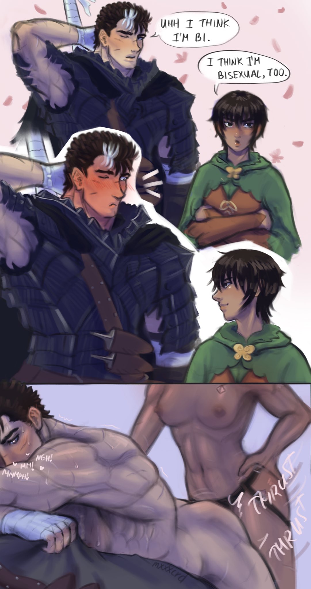 berserk, canon couple, casca, dark-skinned female, female, femdom, guts (berserk), male, mmmrcrd, muscular, muscular male, pegging, short hair, strap-on, strapon