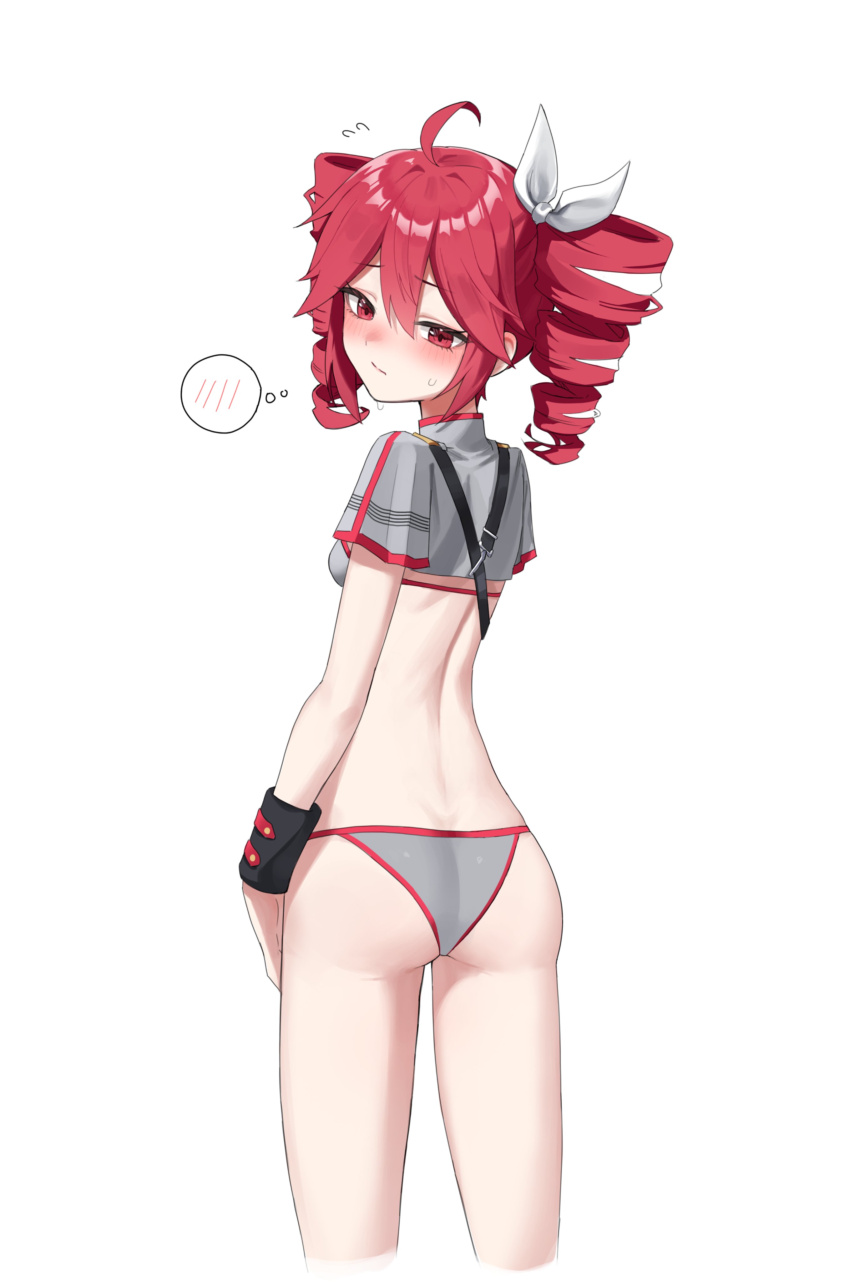 1girls, 2d, 2d (artwork), ahoge, ass, back, back view, blush, blush lines, bra, breasts, crop top, cropped jacket, detached cuffs, embarrassed, embarrassed female, female, female only, hair ornament, hairbow, hu2924, kasane teto, kasane teto (sv), looking at viewer, looking back, panties, petite, petite body, petite female, red eyes, red hair, simple background, skinny, skinny female, slim waist, small breasts, solo, solo female, sweat, sweating, synthesizer v, thighs, twin drills, underwear, utau, white background