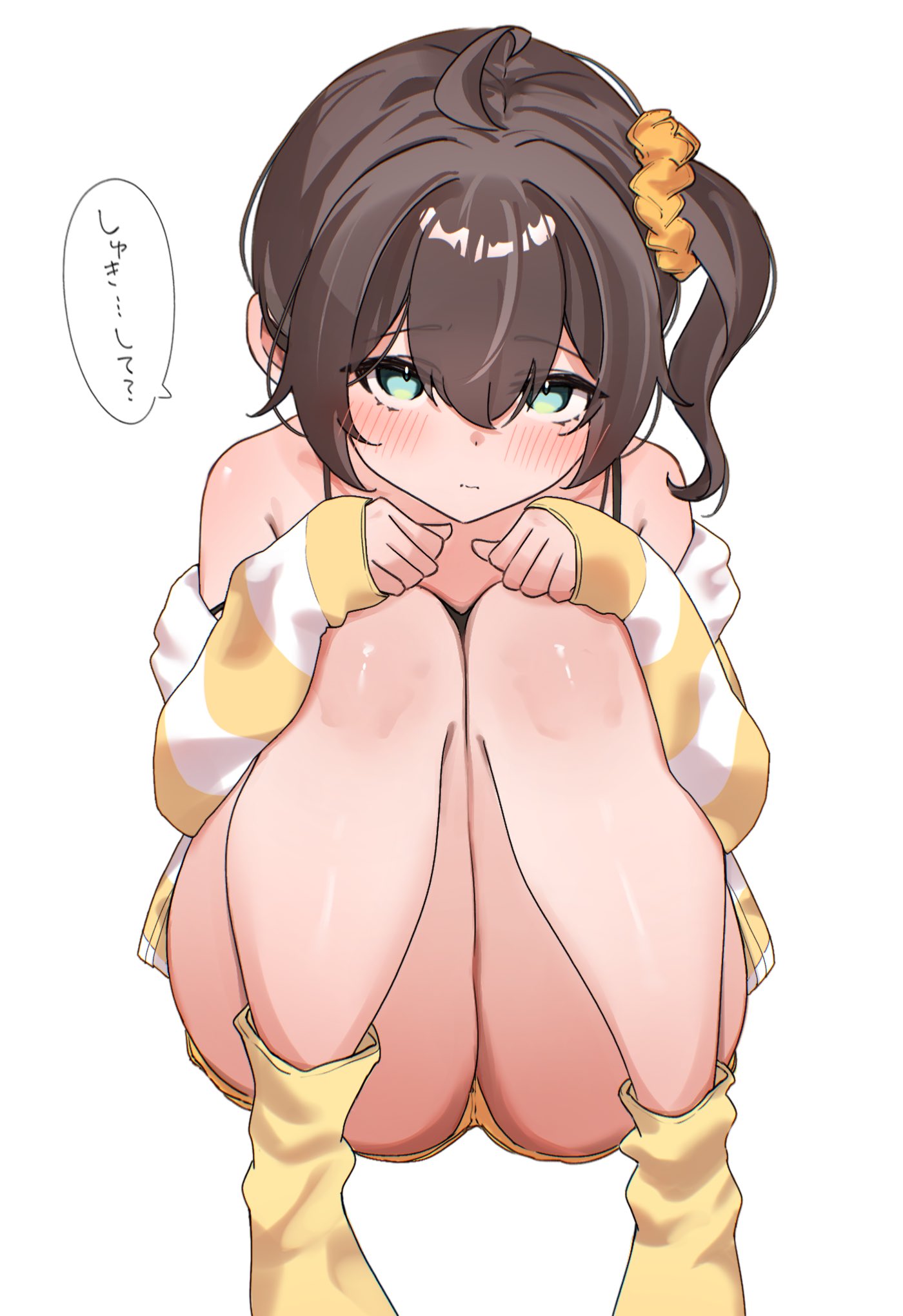 ass, blue eyes, blush, brown hair, crouching, female, highres, hololive, hololive gen 1, hololive japan, japanese text, medium hair, mikura no e, natsuiro matsuri, off shoulder, off-shoulder sweater, orange scrunchie, scrunchie, shoes, short shorts, shorts, side ponytail, solo, speech bubble, squatting, striped clothes, striped sweater, sweater, thick thighs, thighs, virtual youtuber, white background, yellow shoes, yellow shorts