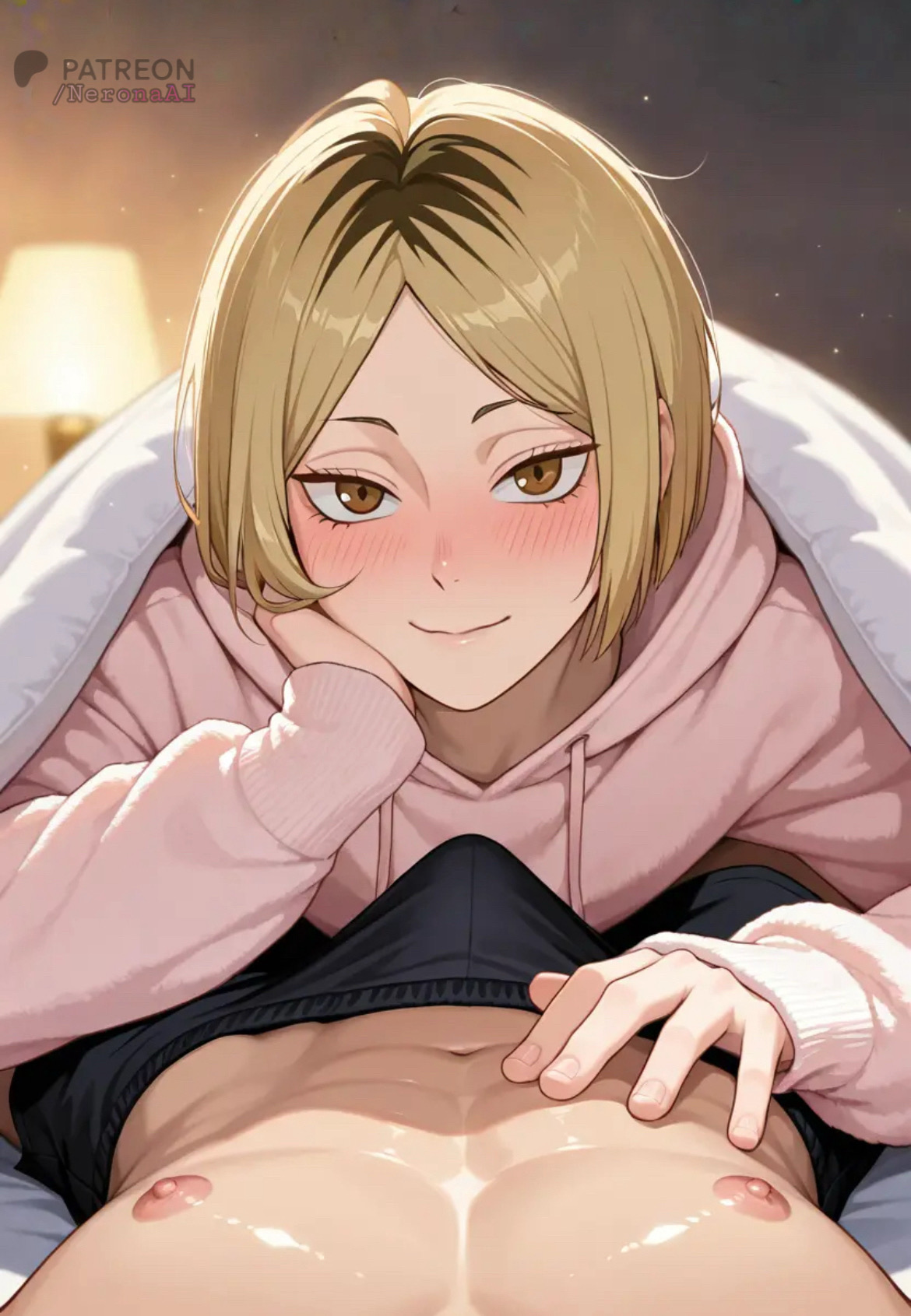 ai, ai assisted, ai generated, androgynous, bedroom, blanket, blonde hair, blush, boner, crossdressing, femboy, feminine male, flat chest, gay, haikyuu!!, kenma kozume, lifting shirt, male, neronaai, nipples, otoko no ko, pov, smile, smiling, teenager, yaoi