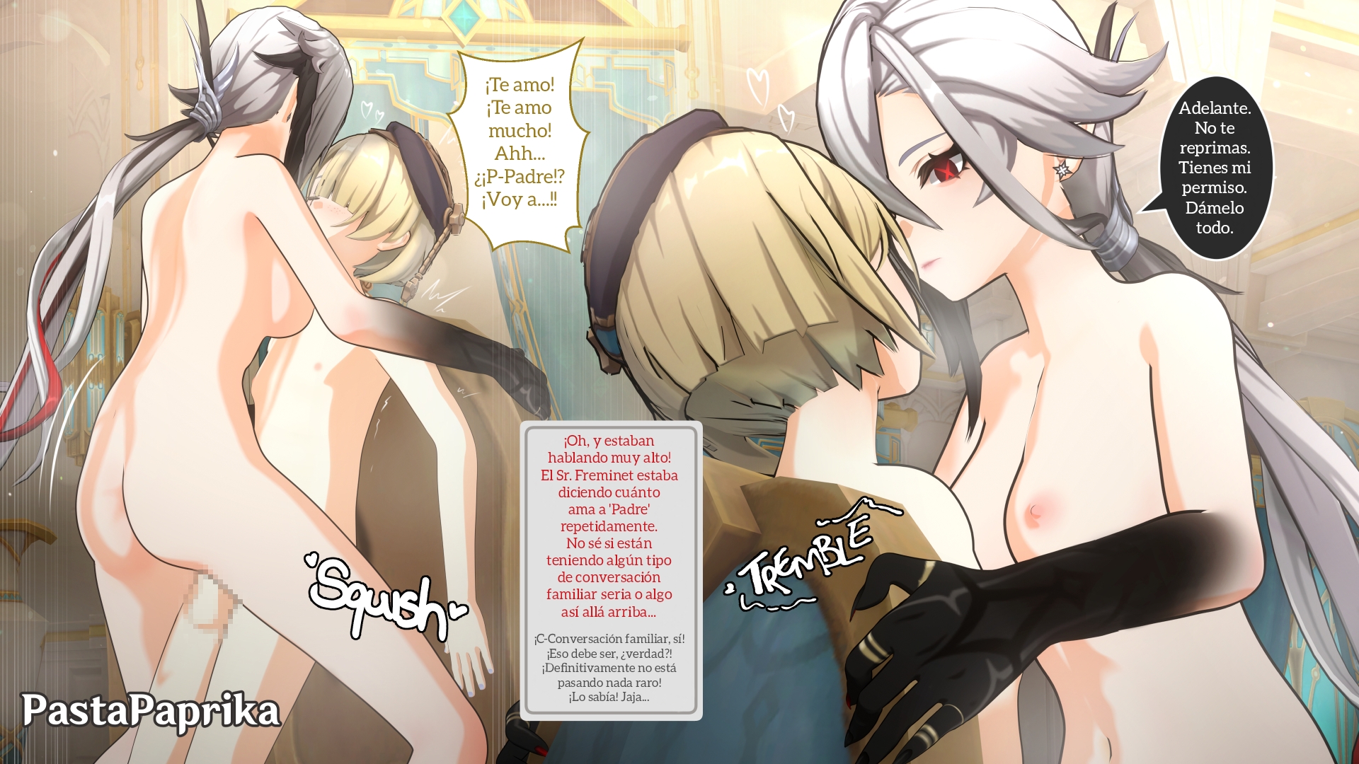 1boy, 1girls, 3d, arlecchino (genshin impact), censored, edit, female, freminet (genshin impact), genshin impact, inseki, male, mature, mature female, milf, pastapaprika, sex, spanish text, spanish translation, step-incest, stepmother, stepmother and stepson, stepson, text bubble