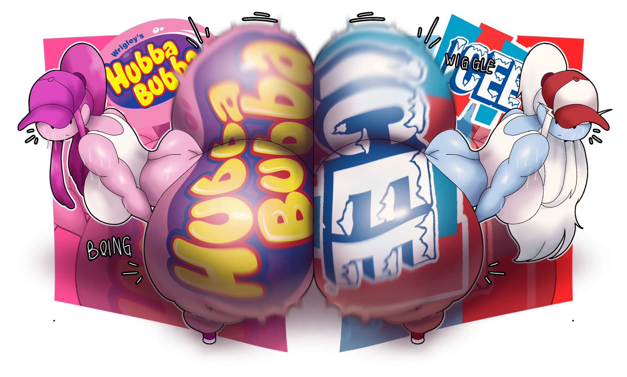2girls, adventure time, anthro, big breasts, female, female only, gigantic ass, hubba bubba, hubba bubba bubble butt, hyper, hyper ass, ice queen (adventure time), ice queen (icee outfit), icee, massive ass, novelty pants, princess bubblegum, standing, sweat, thedeathcrow05