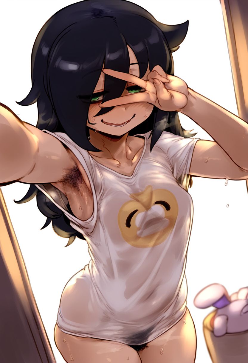1girls, ai generated, armpit hair, arms up, black hair, blush, female, green eyes, hairy armpits, hairy pussy, jimiko, kuroki tomoko, pubic hair, pussy, sweat, watashi ga motenai no wa dou kangaetemo omaera ga warui!