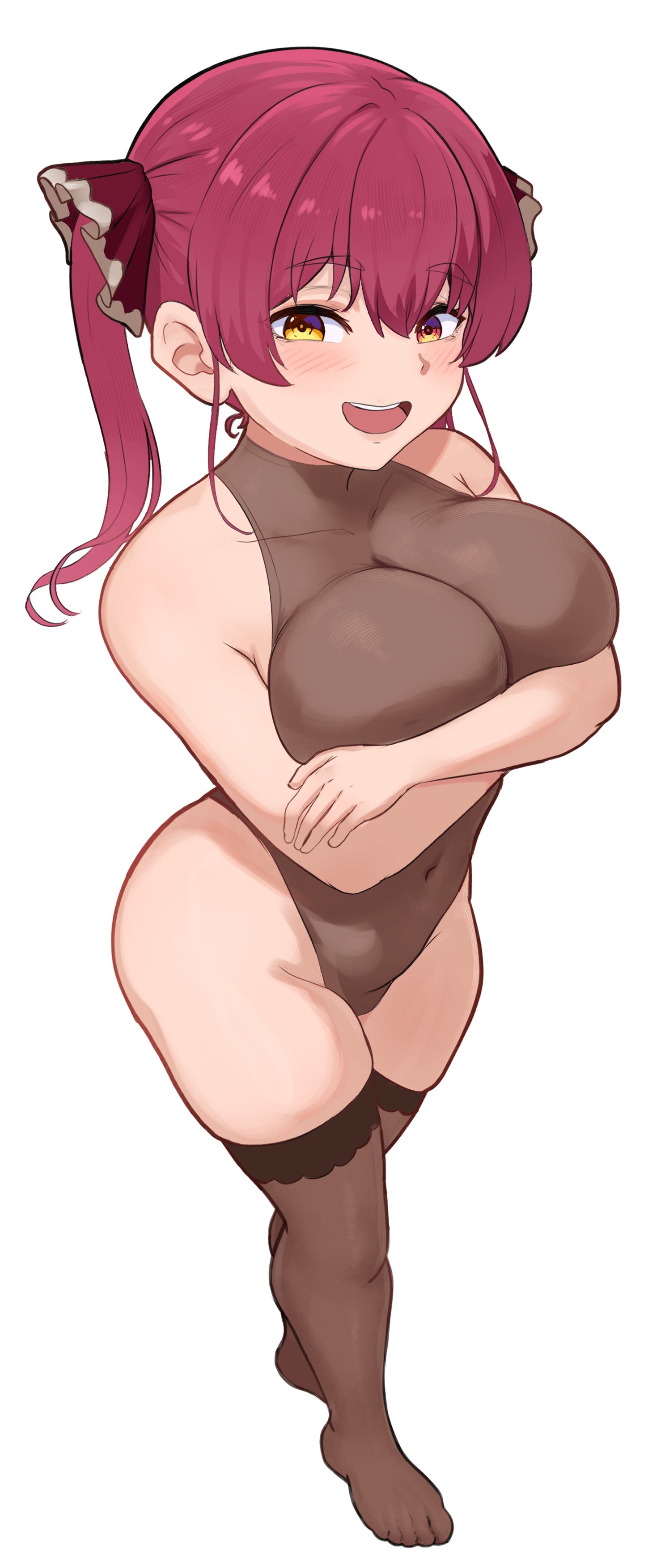 absurdres, bare shoulders, blush, breasts, brikot, brown leotard, brown thighhighs, collarbone, covered navel, crossed arms, female, hair between eyes, hashtag-only commentary, heterochromia, highres, hololive, hololive fantasy, hololive japan, houshou marine, houshou marine (1st costume), huge breasts, leotard, long hair, looking at viewer, no shoes, open mouth, red eyes, red hair, red ribbon, ribbon, simple background, smile, solo, teeth, thighhighs, thighs, twintails, virtual youtuber, white background, yellow eyes