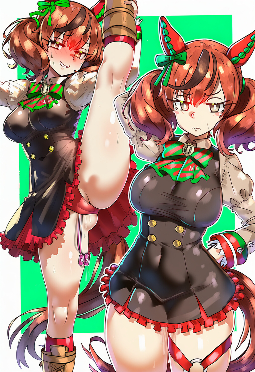 ai generated, embarrassed, female, leg lift, legs up, nice nature (umamusume), no nut november, pussy, pussy juice, standing split, sweeetdonnut, umamusume, umamusume pretty derby, vibrator, vibrator under clothes
