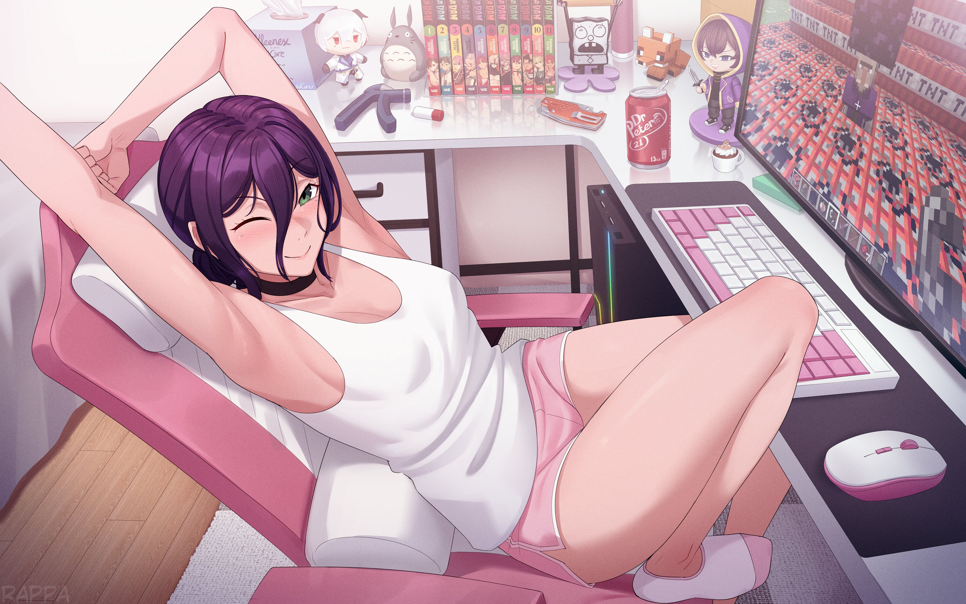 absurdres, armpits, arms up, black choker, blush, book, breasts, chainsaw man, chair, choker, closed mouth, collarbone, computer, computer keyboard, computer mouse, cup, doodlebob, dr pepper, explosive, female, fox (minecraft), from above, from side, green eyes, hair between eyes, hair bun, highres, indoors, looking at viewer, manga (object), medium breasts, medium hair, minecraft, monitor, mousepad (object), no bra, office chair, on chair, one eye closed, pink shorts, pink socks, purple hair, rappa (sirrappa), reze (chainsaw man), rgb lights, sfw, shorts, shoto (vtuber), sitting, smile, socks, solo, spongebob squarepants (series), swivel chair, table, tank top, thighs, tissue, tissue box, tnt, tnt block (minecraft), totoro, two-tone socks, white carpet, white socks, white tank top, witch (minecraft), wooden floor