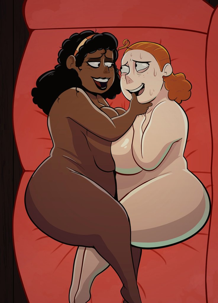 2girls, big ass, big breasts, black hair, black lipstick, breast to breast, breasts, creature from the lake, dark skin, dark-skinned female, female, female only, hairband, hairband only, huge ass, huge breasts, interracial, light skin, light-skinned female, lying down, lying on side, nude, orange hair, pale skin, race swap, shelby (creature from the lake), sweat, sweatdrop, thick thighs, thighs, vaz0v, yuri