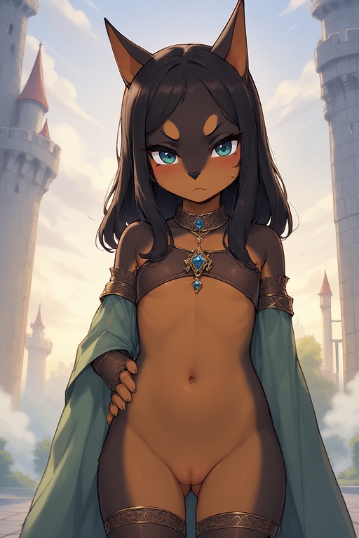 ai generated, annoyed, anthro, black hair, blue eyes, bottomless female, brown body, canid, canine, canis, choker, dobermann, domestic dog, female, flat chest, furry, hand on hip, jewelry, mostly nude, pussy, thighhighs, young