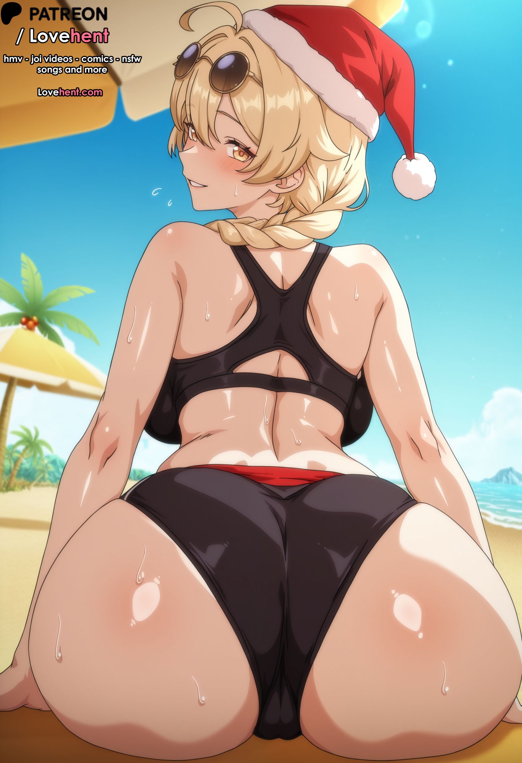 aether (genshin impact), ahoge, ai generated, ass, ass focus, back, bangs, beach, bikini, black bikini, blonde hair, blue sky, blush, braid, breasts, day, eyewear on head, female, from behind, genderswap, genderswap (mtf), genshin impact, hat, huge ass, large breasts, long hair, looking at viewer, looking back, lovehent, outdoors, rule 63, santa hat, shiny, shiny skin, sitting, sky, smile, solo, sunglasses, sweat, swimsuit, tree, umbrella, yellow eyes