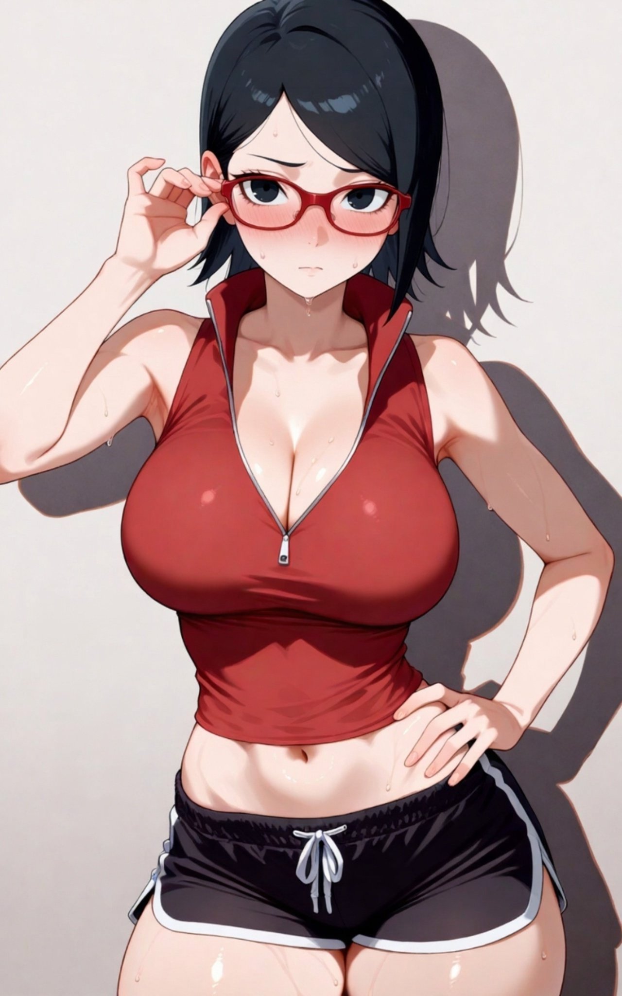 1girls, 2d, ai generated, athletic, black eyes, black hair, blush, boruto: naruto next generations, clothing, female, female only, glasses, hips, legs, looking at viewer, naruto, naruto (series), open clothes, sarada uchiha, short hair, shorts, sweat, thick thighs, waist