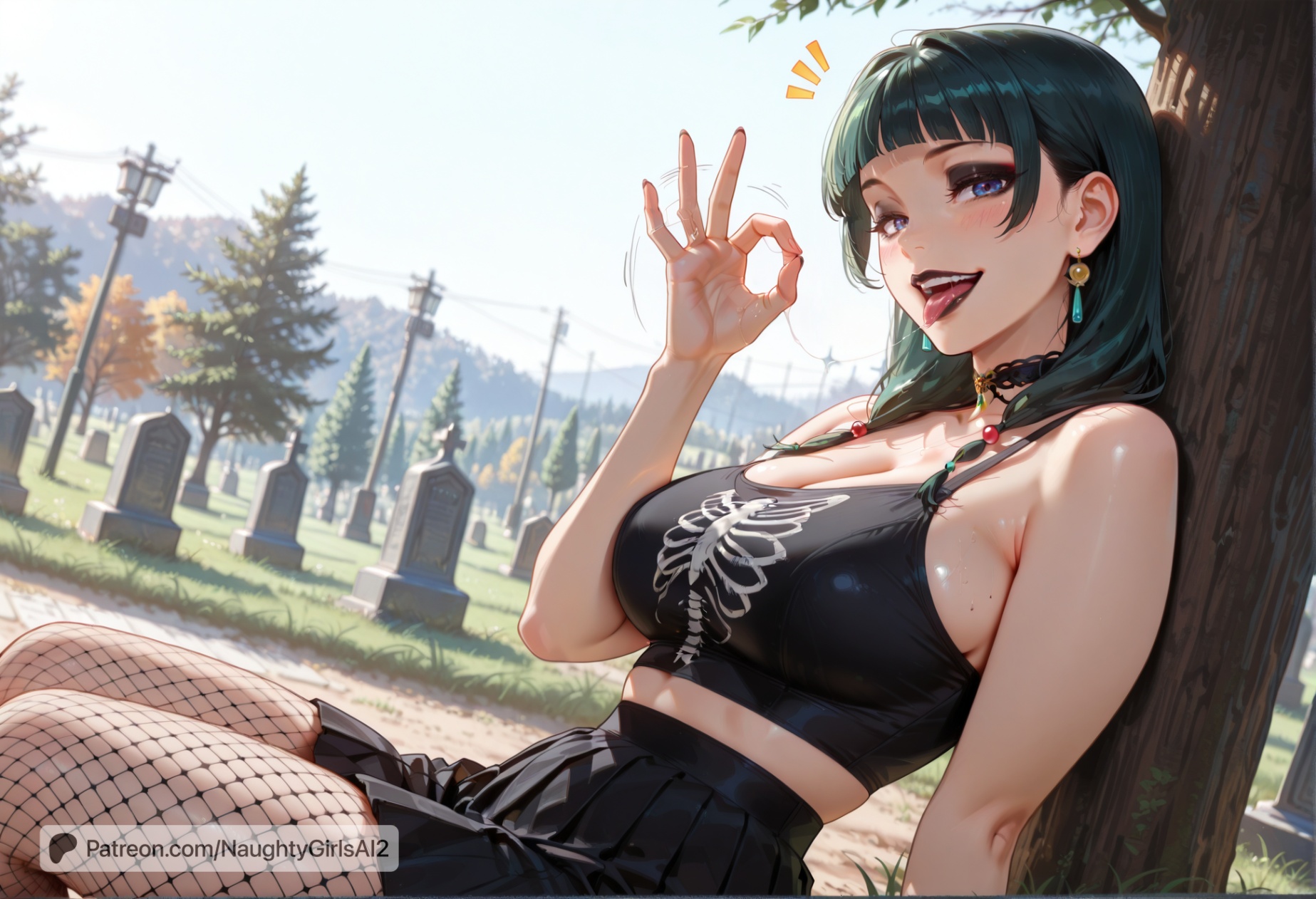 ai generated, big breasts, black lips, black lipstick, blue eyes, blunt bangs, breasts, female, female only, fishnets, goth girl, green hair, kusuriya no hitorigoto, long hair, maomao (kusuriya no hitorigoto), mature female, naughtygirlsai, sidelocks