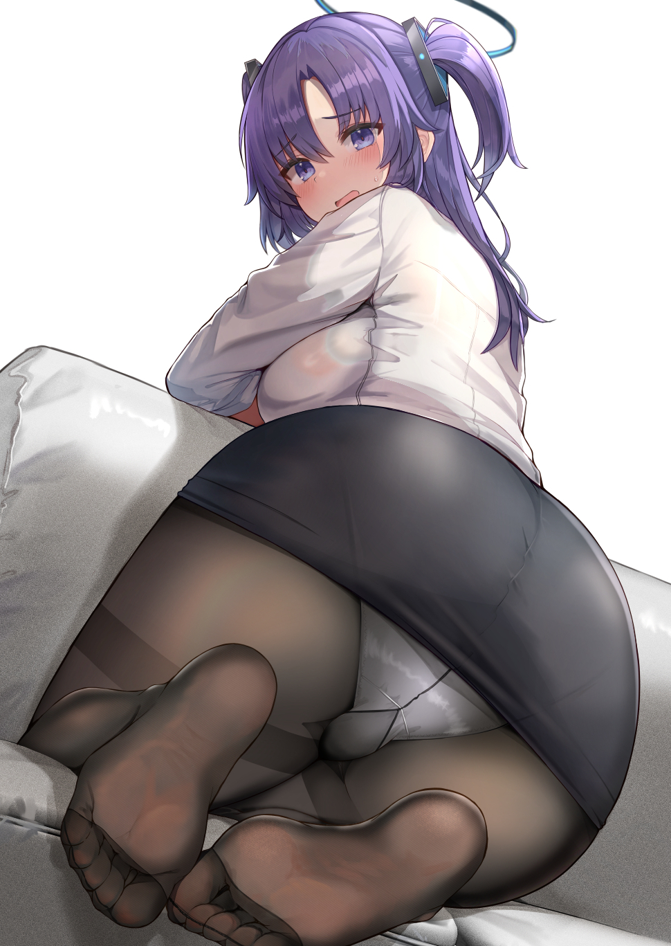 1girls, 2025, ass, big ass, blue archive, blush, blushing at viewer, bubble ass, bubble butt, clothed, clothing, embarrassed, feet, female, female only, fully clothed, hi res, k dmc8109, legwear, looking back, looking down, millennium science school student, panties, ponytail, purple eyes, purple hair, simple background, solo, thick thighs, thighs, white panties, yuuka (blue archive)