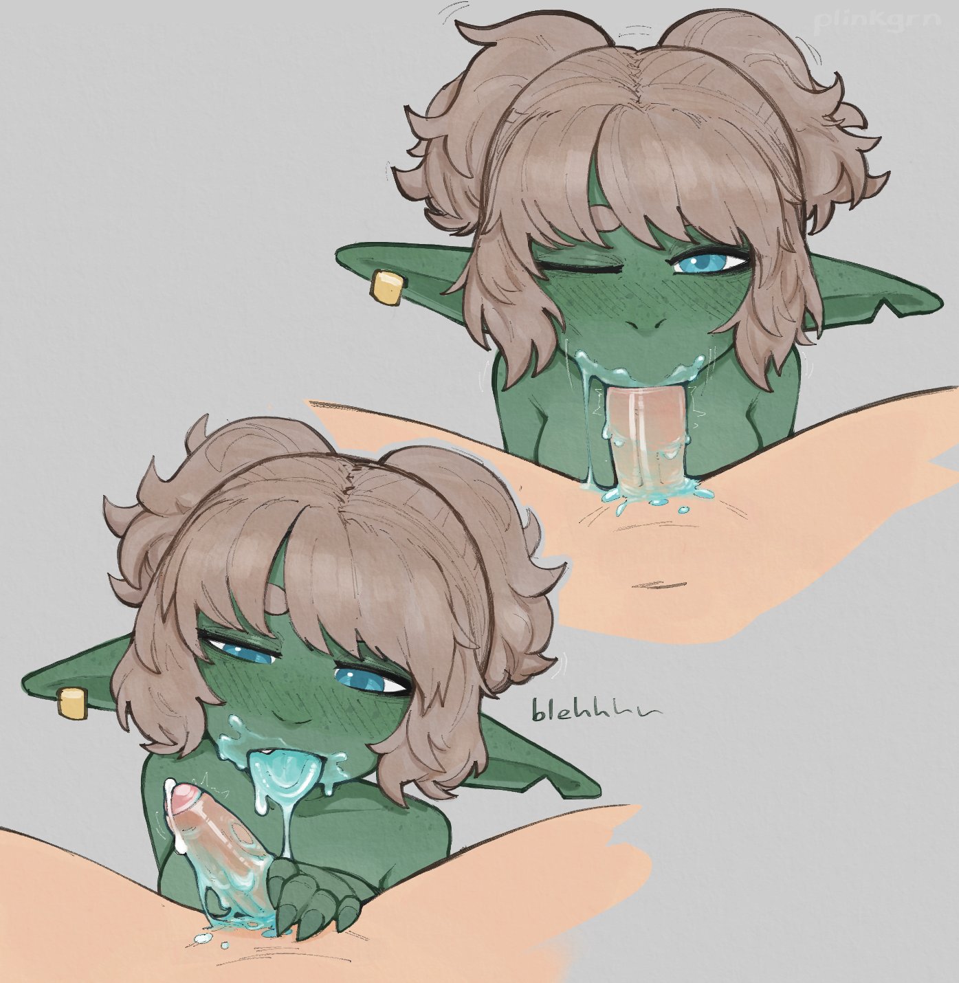 blowjob, female, goblin, goblin female, goblin on human, human, human male, male, plinkgrn