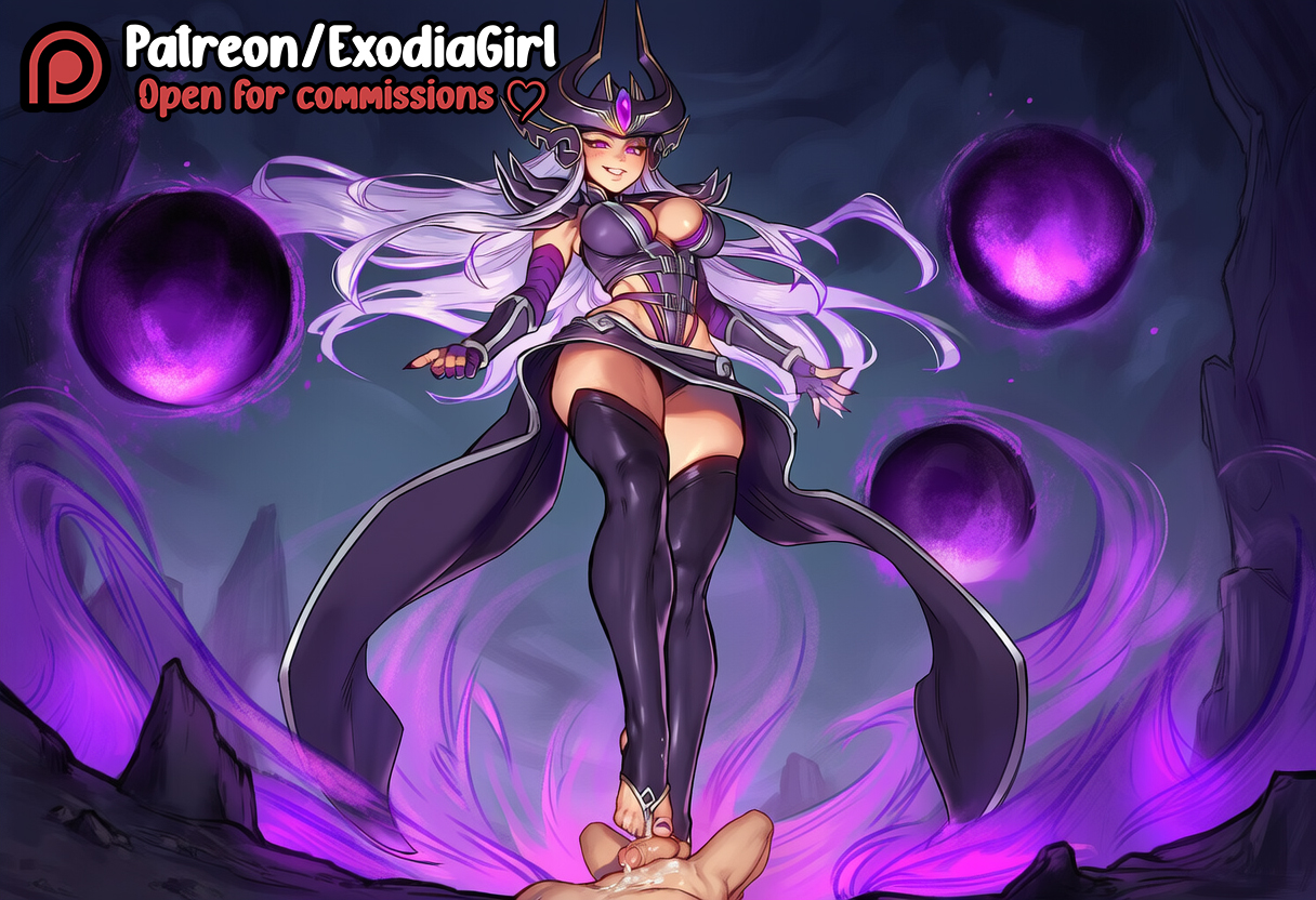 1boy, 1girls, ai generated, big breasts, breasts, clothed, clothing, cum drip, cum on body, dominant female, erection, exodia girl, female, female on top, femdom, flying, footjob, girly, humiliation, large breasts, larger female, league of legends, male, riot games, smaller male, smile, smirk, submissive male, syndra, taller female, thighs, watermark