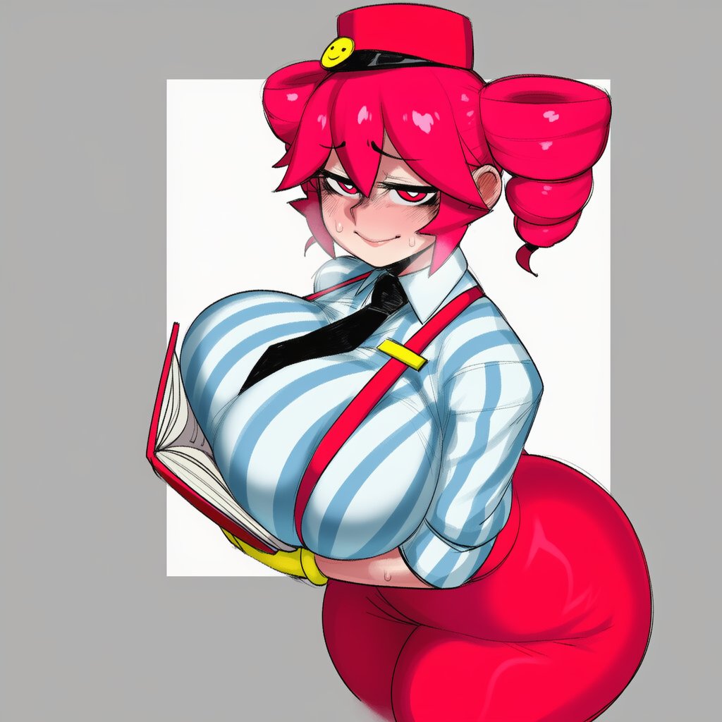 1girls, ahoge, ai generated, ass, ass visible from the front, big ass, big breasts, big thighs, blouse, blush, blush lines, book, breasts, breasts bigger than head, clothed, clothed female, clothing, curvaceous, curvy, curvy female, curvy figure, enormous ass, enormous thighs, fat ass, fat breasts, fat thighs, female, female only, fully clothed, gigantic ass, gigantic breasts, gigantic thighs, gloves, hat, high-angle view, hips wider than shoulders, horny, horny female, huge ass, huge breasts, huge thighs, kasane teto, kasane teto (sv), large ass, large breasts, large thighs, lips, looking at viewer, massive ass, massive breasts, massive hips, massive thighs, mesmerizer (vocaloid), mesmerizer teto, mv character, necktie, necktie between breasts, pants, pear shaped, pear shaped female, plump, plump ass, plump breasts, plump thighs, red eyes, red hair, shirt, solo, solo female, striped shirt, suspenders, sweat, sweating, synthesizer v, thick thighs, thighs, tight clothing, tight pants, tight shirt, twin drills, utau, venus body, voluptuous, voluptuous female, wide hips