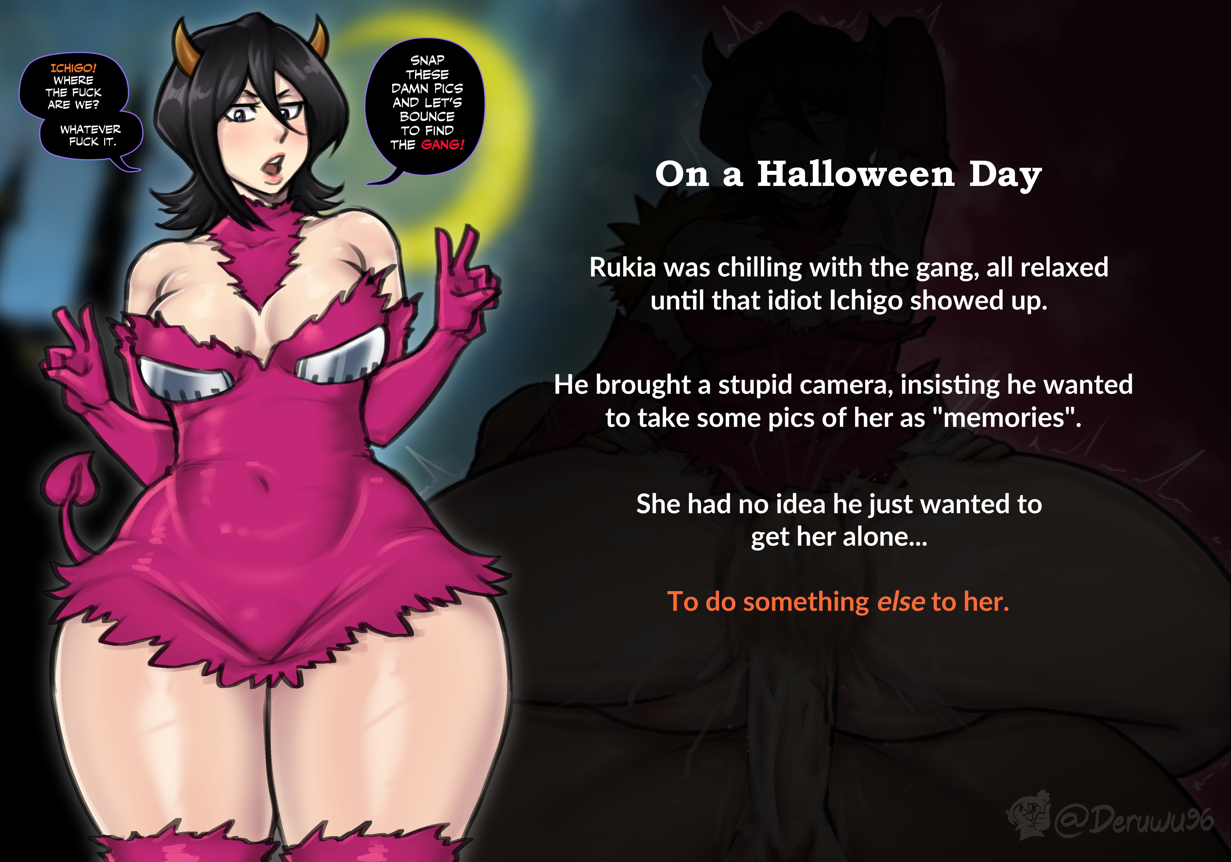 1girls, 2koma, big ass, bleach, deruwu96, dialogue, fat ass, female, halloween, halloween costume, ichigo kurosaki, kuchiki rukia, sex